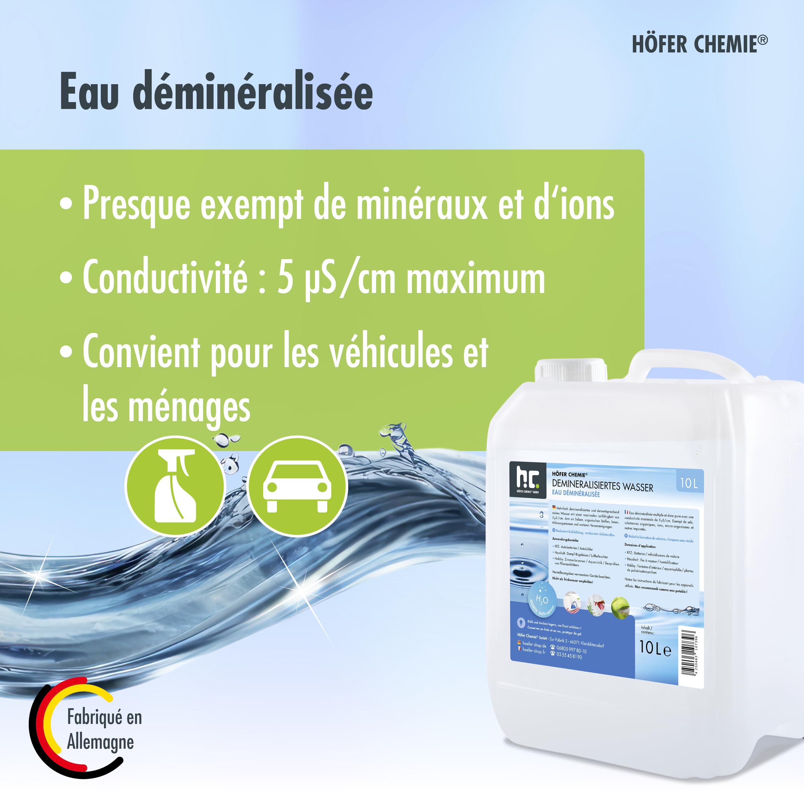 Höfer Chemie 60 bidons de 10 litres d'eau déminéralisée de