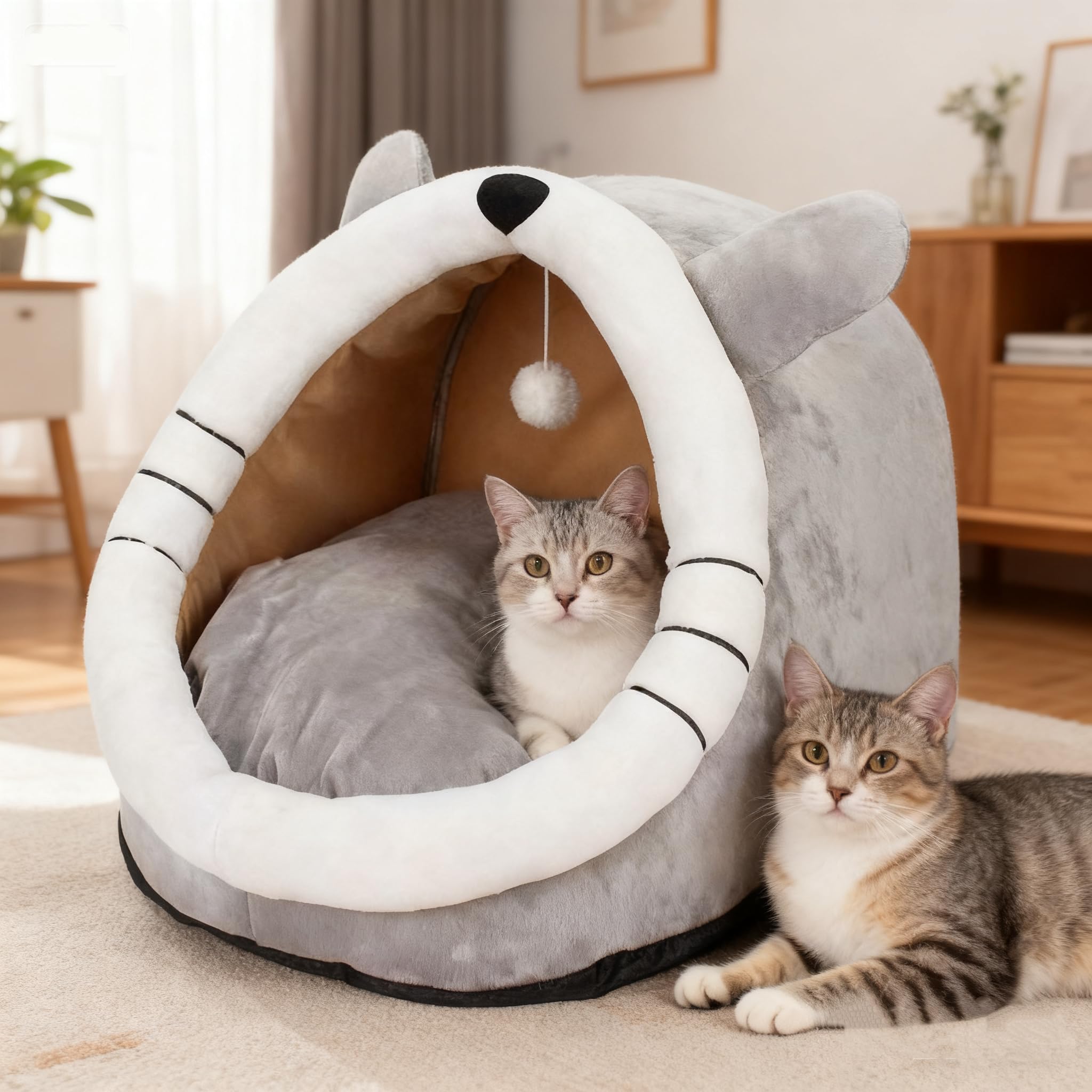 سرير قطط شبه مغلق لجميع المواسم، سرير قطط قابل للازالة والغسل للقطط الداخلية، منزل قطط مريح للقطط والكلاب للعب والنوم (رمادي، M)