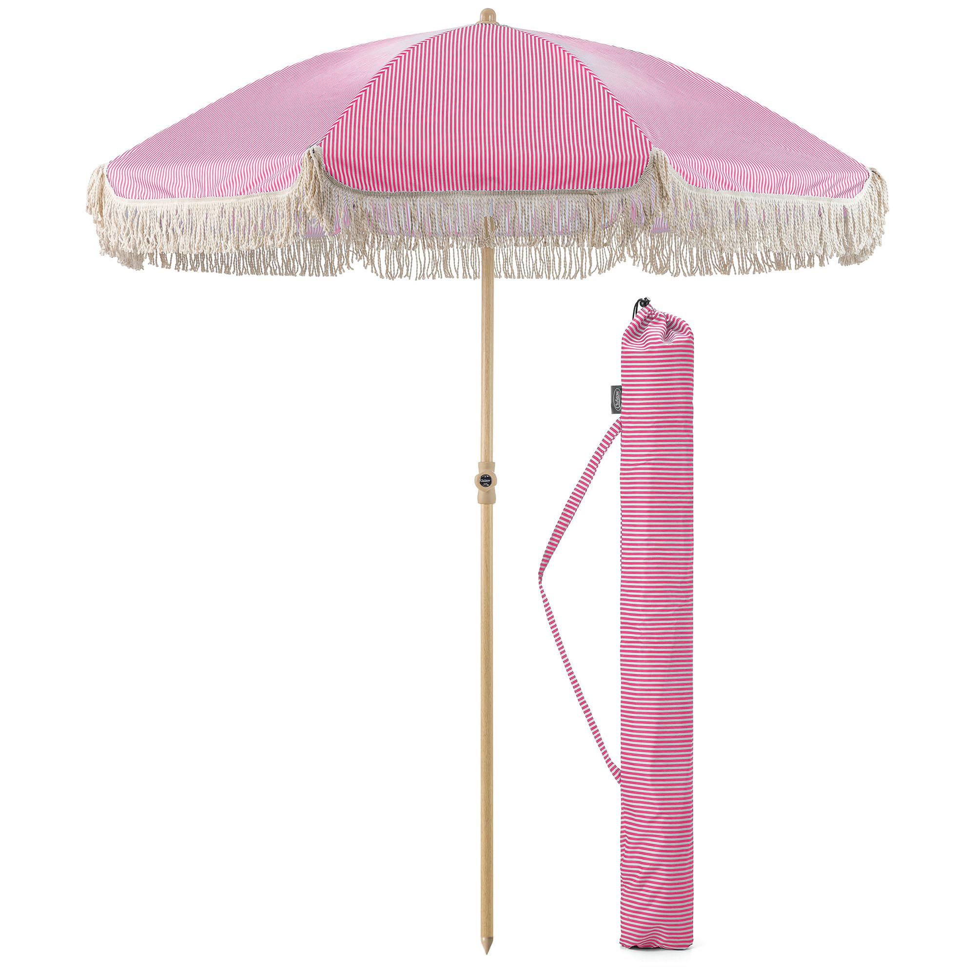 CHRISTOW Portable Garden Parasol with Tilt, 2m Cotton Tassel Beach Umbrella, Outdoor Patio Sunshade, Tilting Canopy, Wood Effect Steel Pole, UV50+ Sun Protection, Water Resistant, Bag (Pink Stripes)