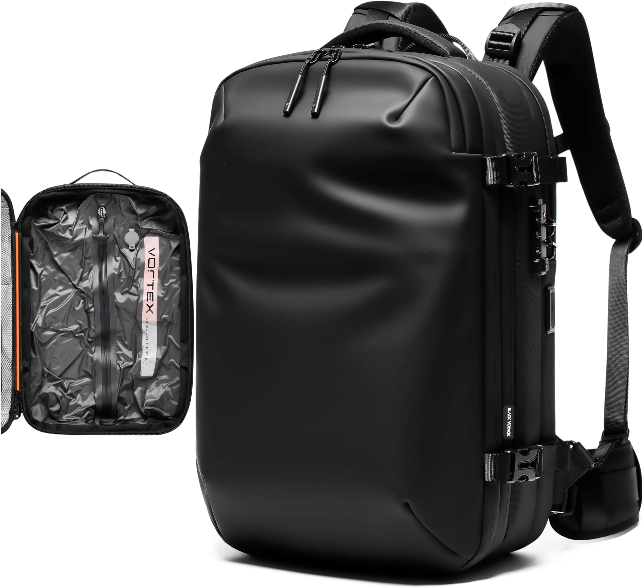 BlackVoyage Vortex 真空シール トラベルバックパック 60L 拡張可能な空気圧縮システム 防水 TSAロック