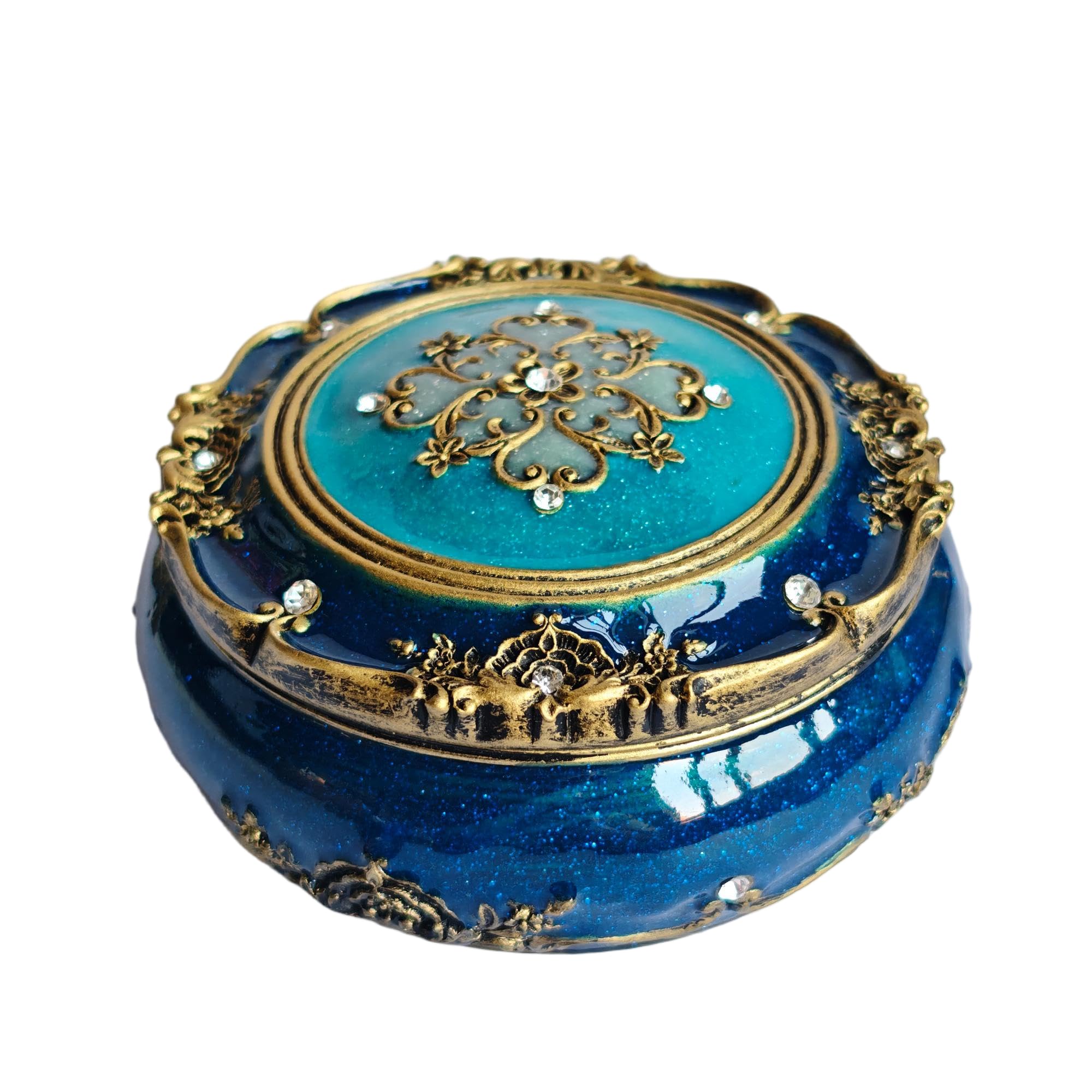 European Vintage Round Jewelry Box - Deep Blue Glitter Enamel with Gilded Scrolls Crystal Accents