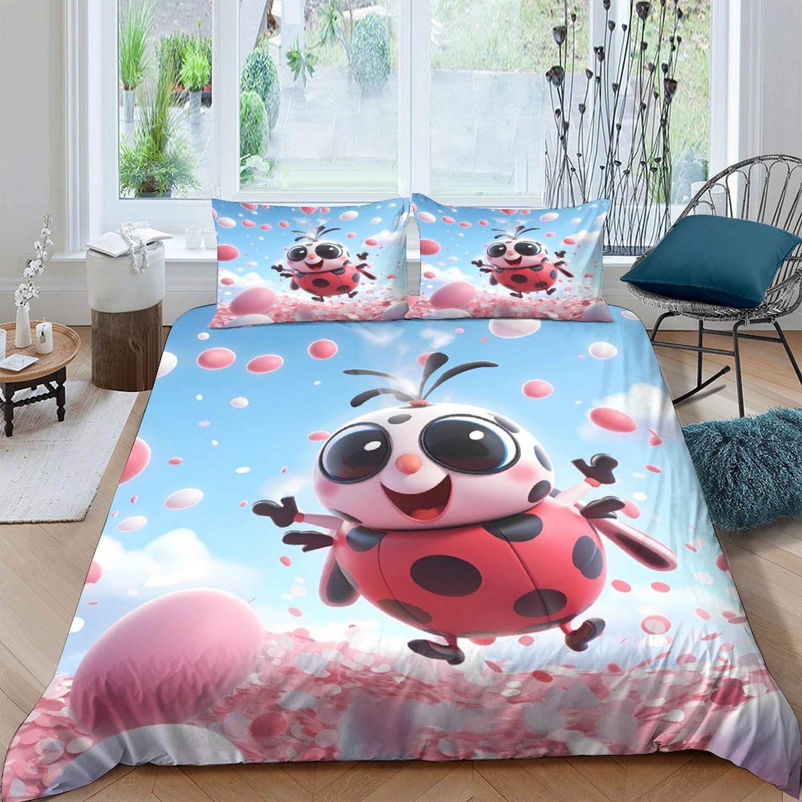 Ctjqhvkz Style-2 3D Printed Cartoon Ladybug Fitted Sheet Microfiber Soft Pink Blue Bed Cover For Bedroom Guest Room Decor, Washable, Anti-Slip Single（135X200cm）