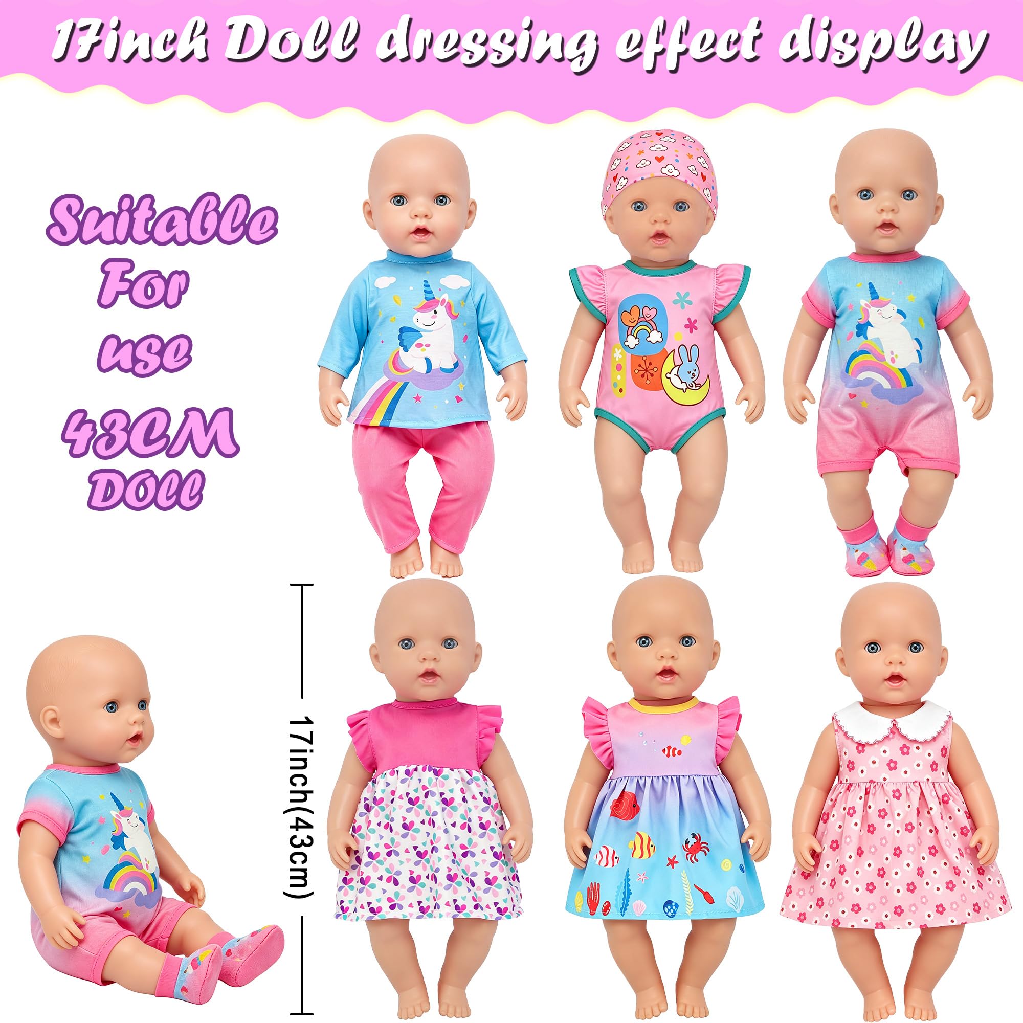6 Set Baby Doll Kleidung und Zubehör Set für 13-16 Zoll Puppen enthalten Kleid Outfits Hut Socken Strampler (keine Puppe)