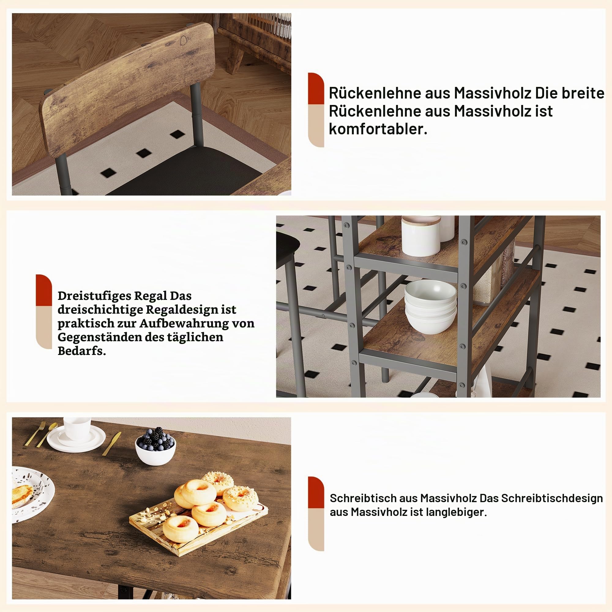 3-Teilig Bartisch Mit Barhocker Set, Esstisch Mit 3 Ablagen & 2 Gepolsterten Barhockern Mit Rückenlehne, Industrieller Stehtisch, Küchentisch Sitzgruppe Für Esszimmer Küche Wohnzimmer