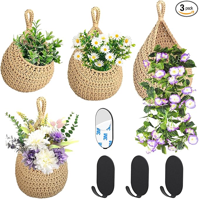 Hanging Fruit Baskets for Kitchen, 3 Pack Boho Woven Cottage Core Wall Decor With 3 Strong Hooks, Hanging Produce Basket for Home Decor Onion Vegetable Flower Plant Storage