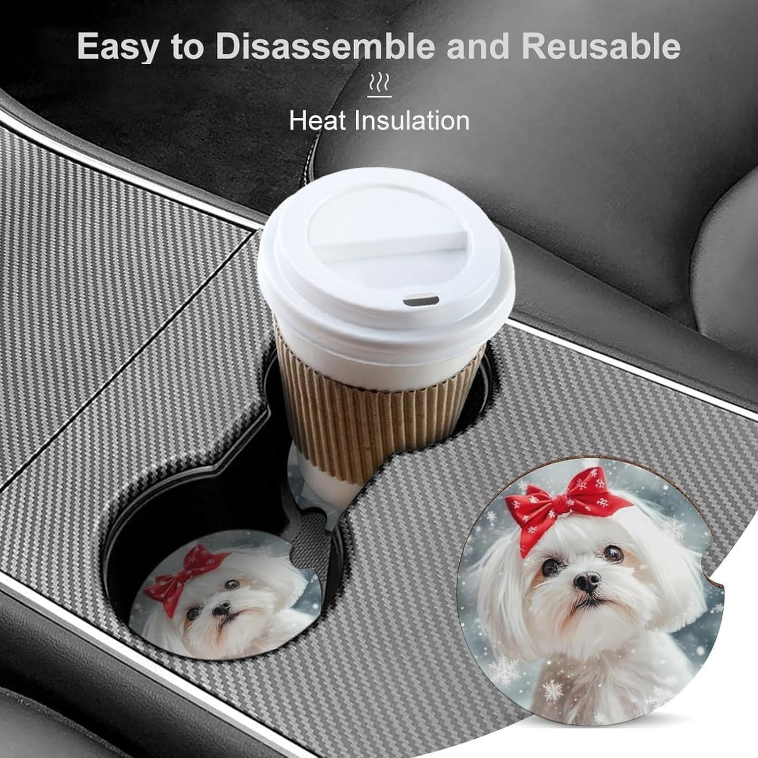 Awaiting Christmas with Maltese Cute Car Coasters 2.56 Inch Absorbent Cup Holder for Drinks Auto Interior Accessories