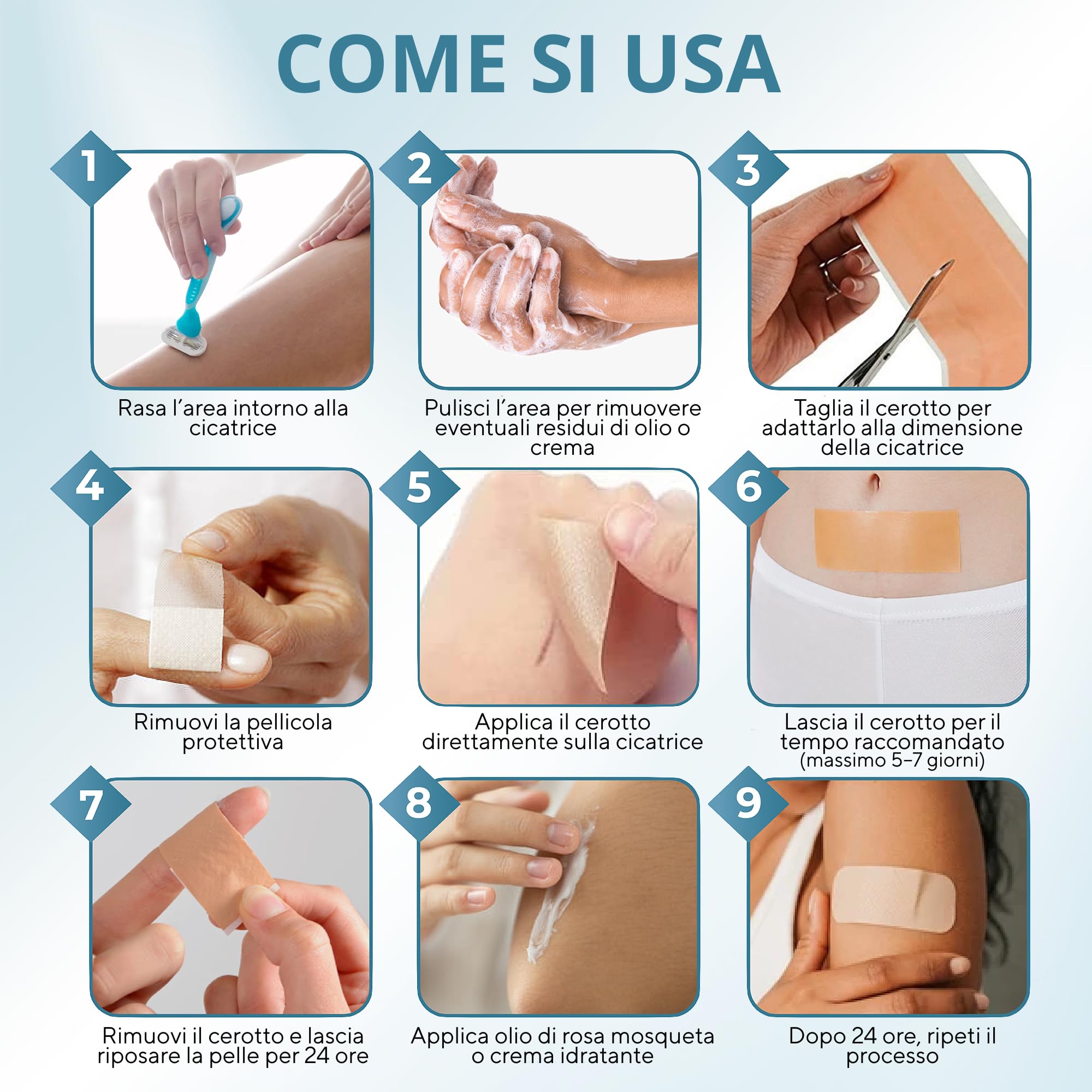 Toppe per Cicatrici Elix·care [4 medicazioni grandi 20 x 10 cm, ritagliabili] Acido Ialuronico - Cheloidi, Cicatrici Chirurgiche - Protezione Solare UPF50