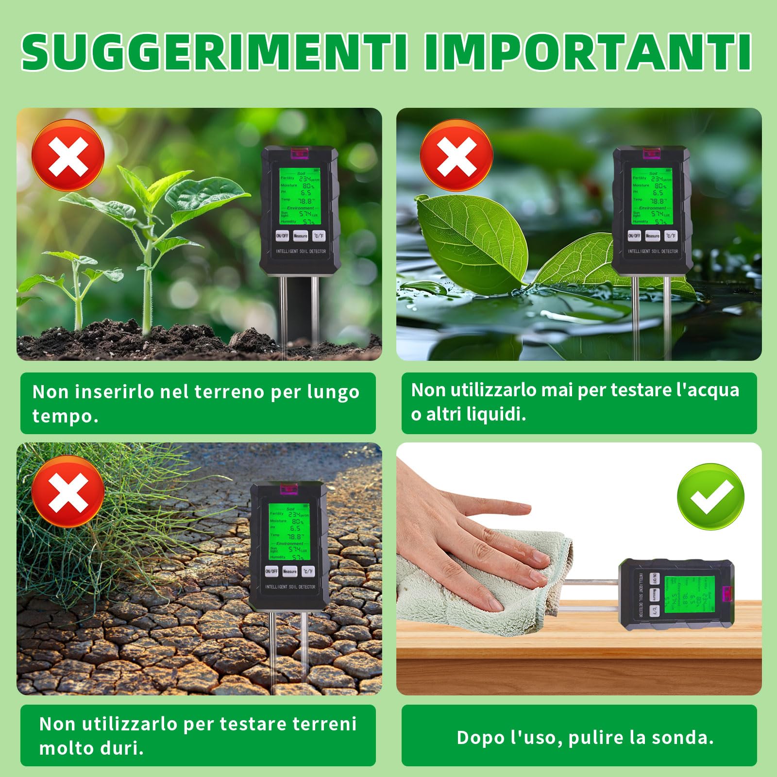 Misuratore PH Terreno 6 in 1,Igrometro Piante con Fertilità del Suolo/Umidità/pH/Temperatura/Luce Solare/Umidità Ambientale,Sensore Umidità Terreno per Giardinaggio,Prato,Agricoltura,Piante da Esterno