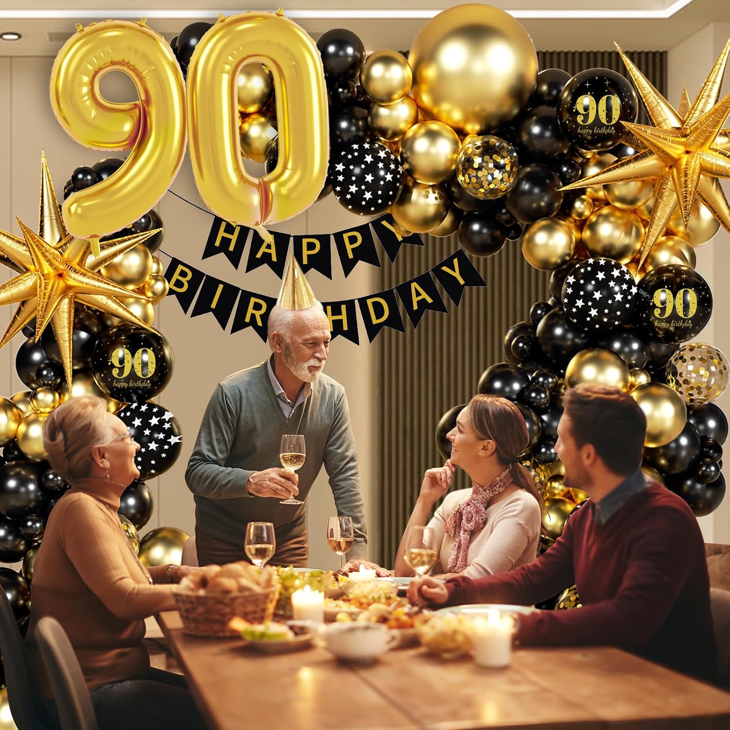 114pcs 90th Birthday Decorations for Men, 90th Birthday Decorations with 90th Birthday Banner Black Gold Confetti Birthday Balloons for 90 Year Old Birthday Decorations