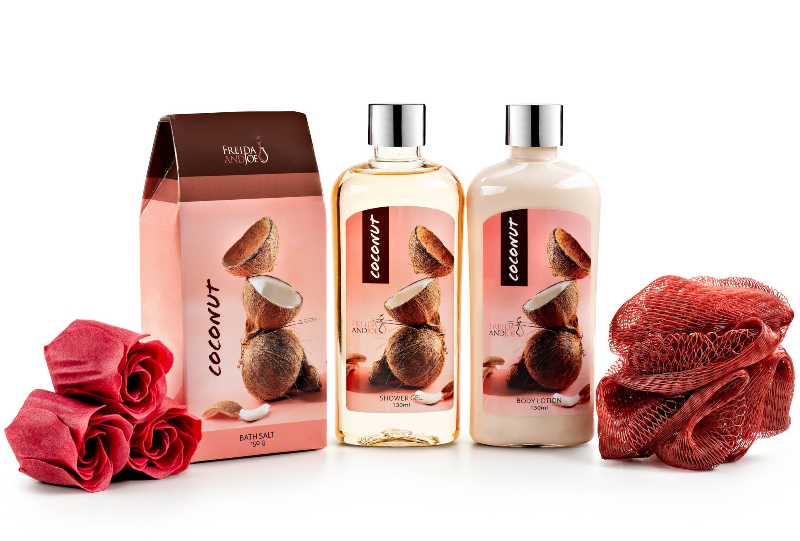 Set regalo da bagno da donna, cesto regalo in cocco spa, set da 6 pezzi con gel doccia, lozione per il corpo, sali da bagno, fiori di sapone, spugna da bagno in un cesto di vimini, regalo perfetto per