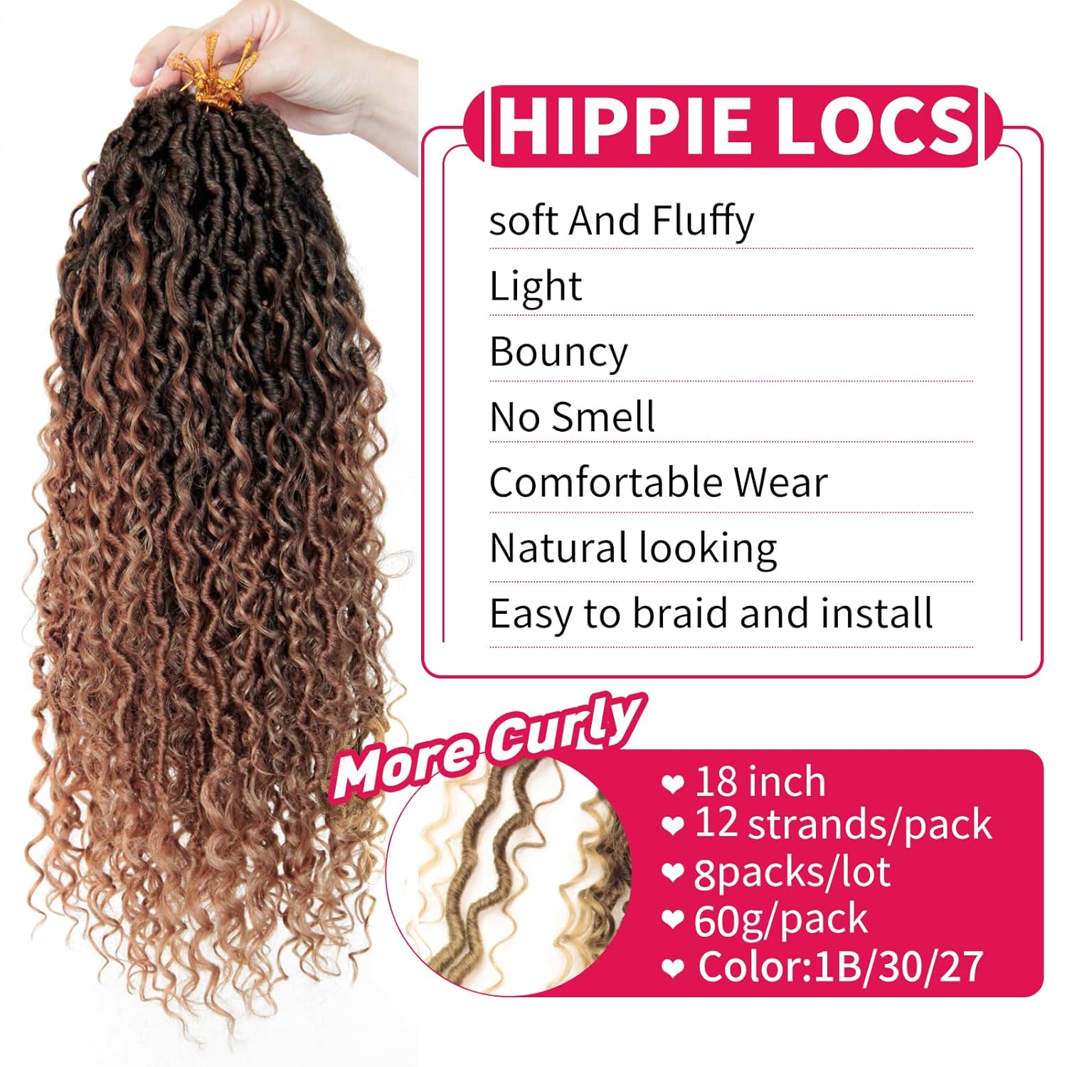 Goddess Locs Crochet Hair 18Inch 8Packs Crochet Locs,Boho Faux Locs With Curly Ends River Hippie Locs Bohemian Locs Crochet Braids(1B/30/27, 18inch(Pack of 8))
