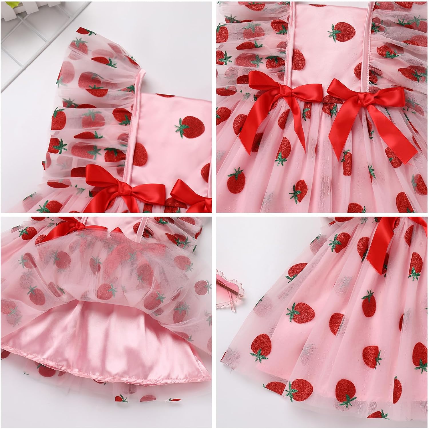 IDOPIP Baby Girls Sequin Strawberry Cherry Tutu Dress Summer Backless Lace Princess Birthday Party Dress with Headband Outfit