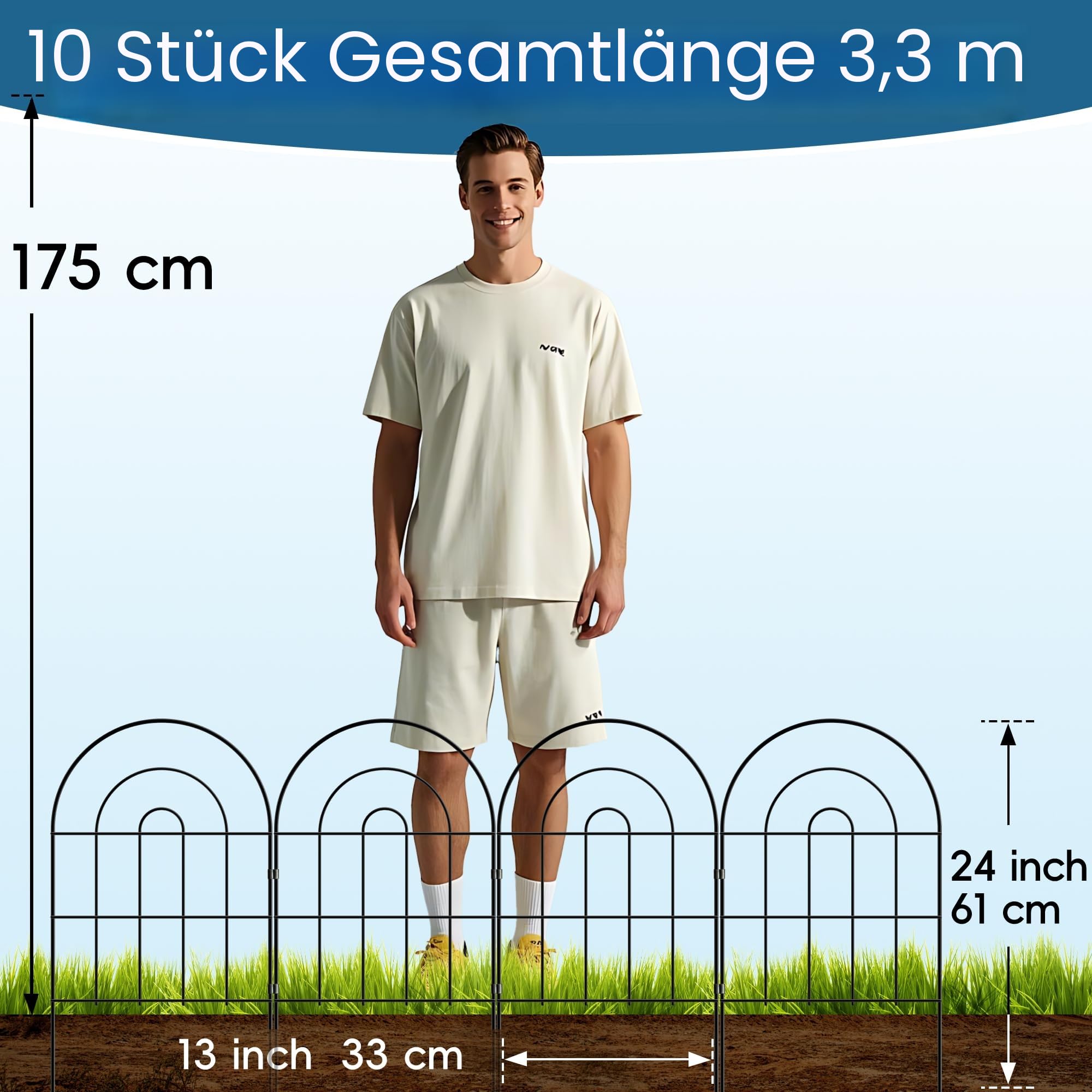 Thealyn Dekoratives Gartenzaun 61cm H x 33cm B (10 Panele, Gesamtlänge 3,3m) Metallzaun ohne Graben für Außenbereich, Grenzzaun, Hundezäune für Blumenbeete, Garten, Tierbarriere, Bogen-Innennetz