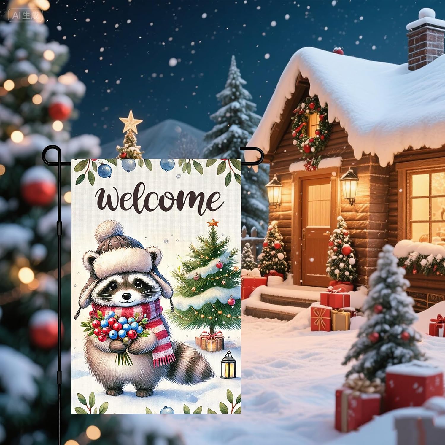 Christmas Welcome Winter Garden Flag 12x18 Inch Raccoon Christmas Tree Berry Bouquet Yard Flag Double Sided Outdoor Holiday Seasonal Woodland Banner for Porch Lawn Patio - Image 7