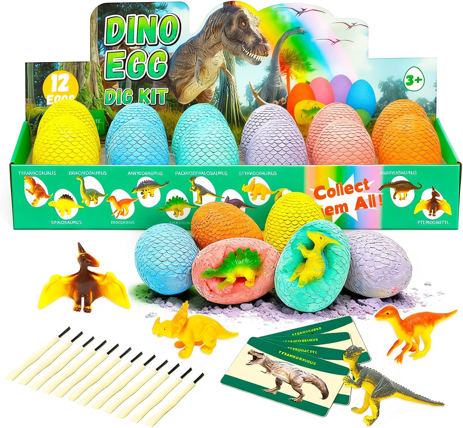 EXBEPE Dinosaur Eggs Excavation Dig Kit, 12 Fossilized Colorful Easter Dinosaur Egg with 12 Cards and 12 Dig Tools, Science Education STEM Toys for Boys & Girls Ages 3-12