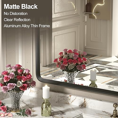Miniatura 3 de Espejo de baño negro mate de 72 x 36 pulgadas, espejo grande con marco de metal negro para pared, espejo rectangular de esquina redondeada,