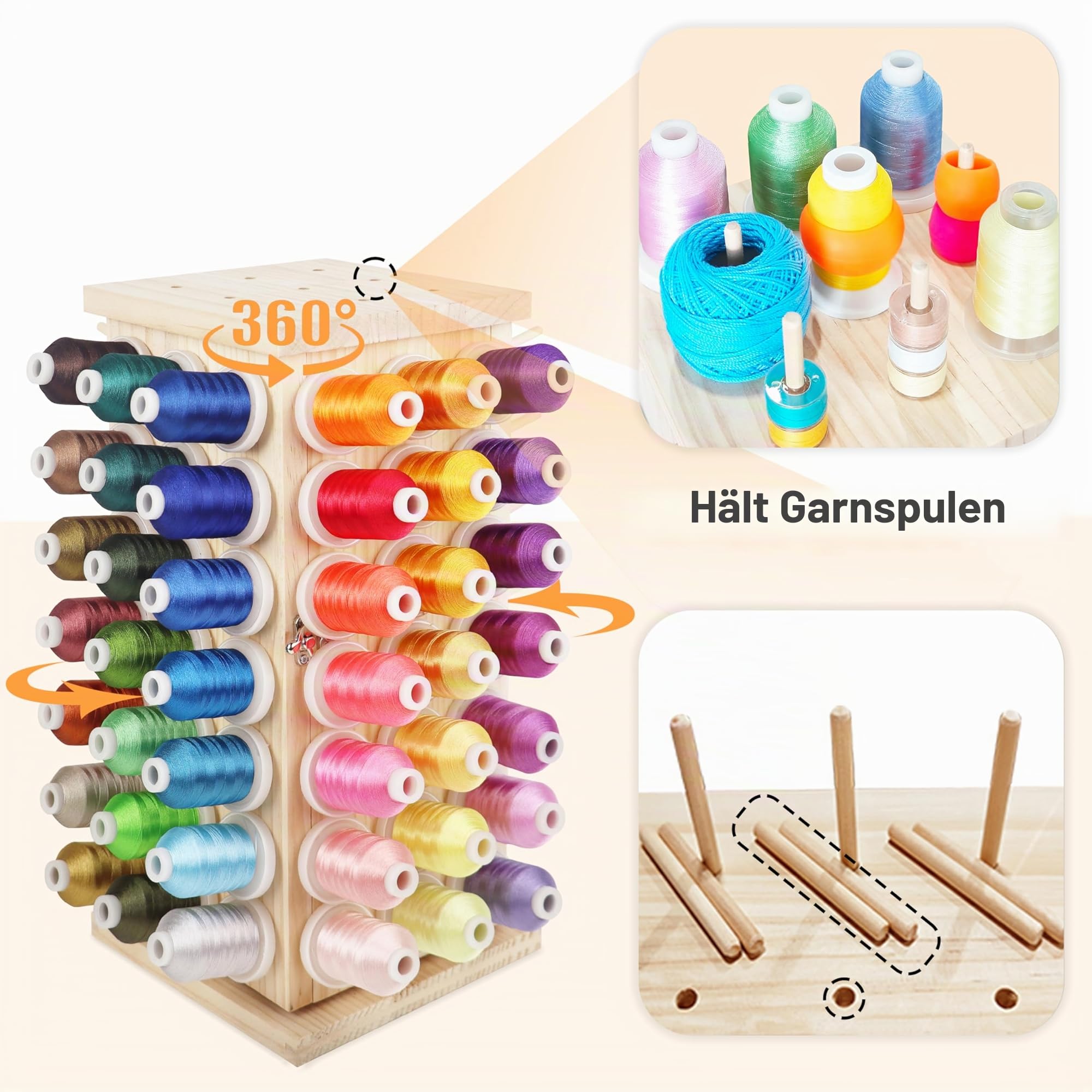 New brothread 93 Spulen (DIY) 360° Voll Rotierende Holz Fadenhalter/Garnhalter/Fadenspulen Organizer mit inneren Aufbewahrungsfächern zum Nähen, Quilten, Sticken, Haare Flechten und Schmuck