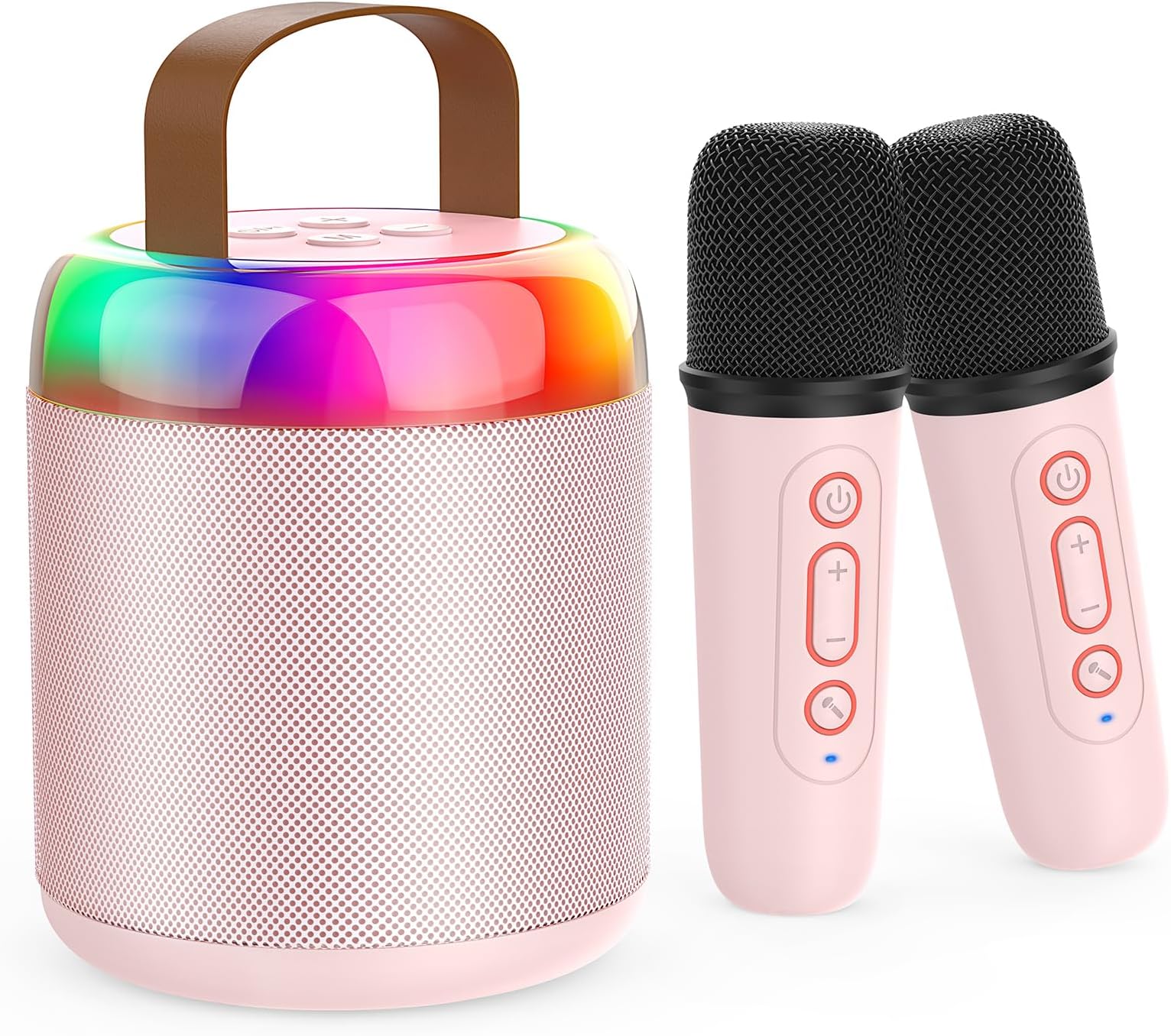 IyoyoMini Karaoke Machine for Kids Portable Bluetooth 5.3 Speaker Led Lights with 2 Wireless Microphones Karaoke Gifts for Girls Boys Audlt Birthday Christmas Indoor Outdoor Home Party (Pink)