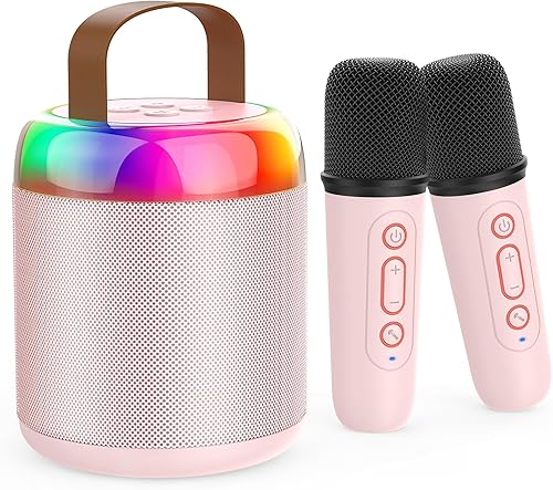 Mini máquina de karaoke para niños, portátil Bluetooth 5.3, luces LED con 2 micrófonos inalámbricos, regalos de karaoke para niñas, niños,