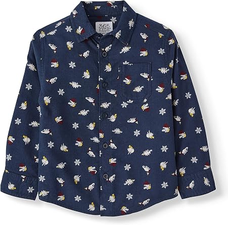 Boys Navy Button Front Snowflake & Dinosaur Long Sleeve Button Down Shirt