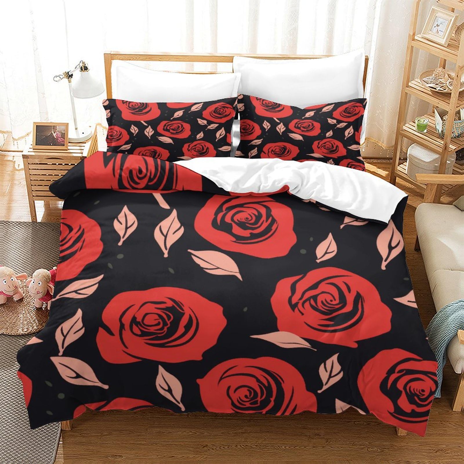 P1S9U7W5Y Trendy Rose 3D Printed Duvet Cover Set 3pcs Microfiber Floral Bedding Set King