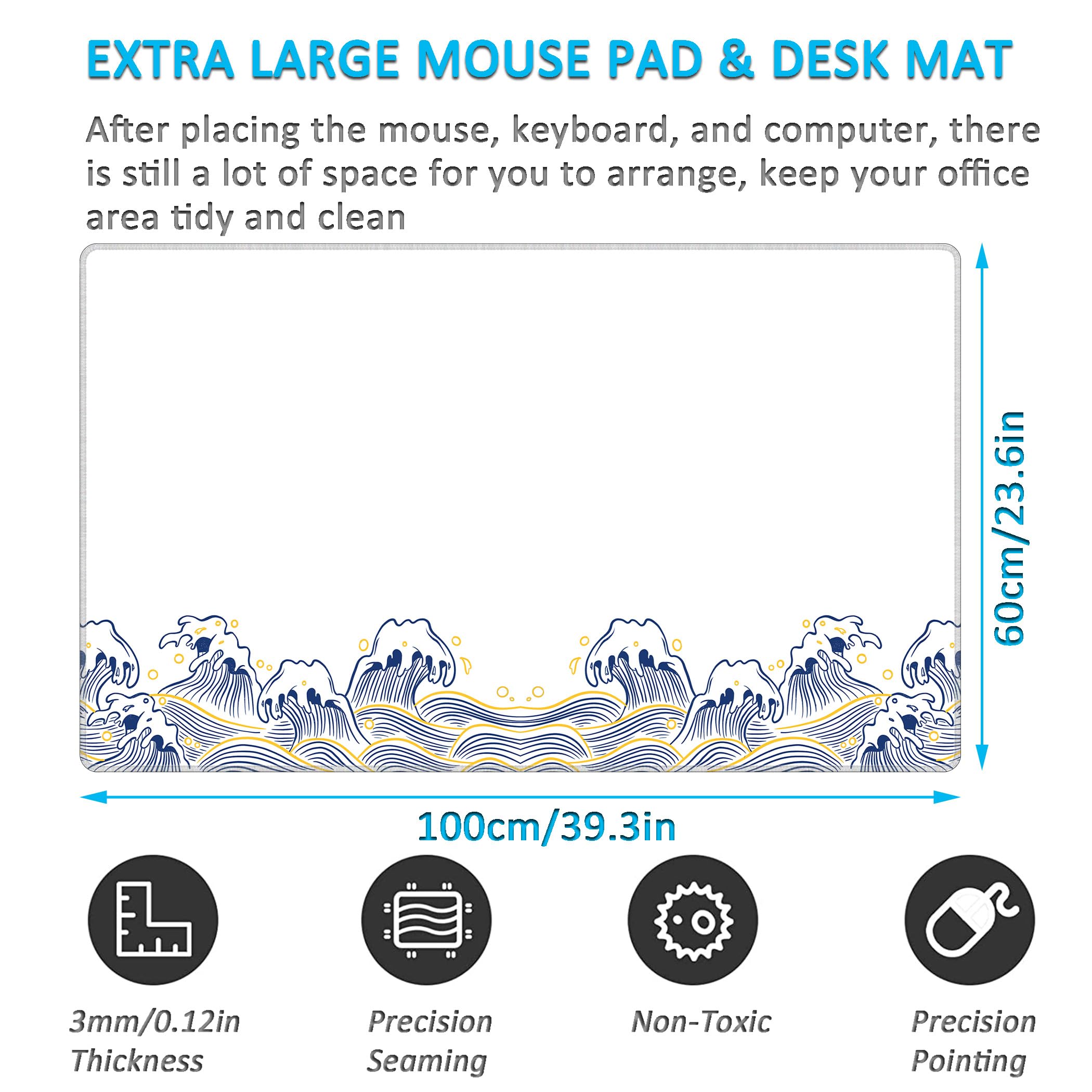 LL-COEUR Grande Tappetino per Mouse da Gioco Onde Marine 100x60x0,3cm Tappetino da Scrivania Esteso XXL Speed Gaming Mousepad XXL