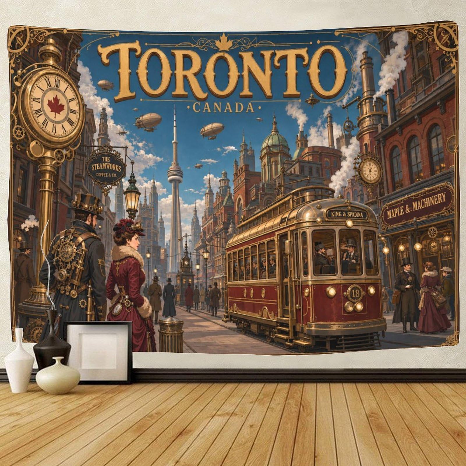 GPMNBCXZK Steampunk Toronto Streetscape 3D Print Wall Art Decor Wall Tapestry Tapestries Home Decoration Curtain Bedroom Living Room 130cmx150cm