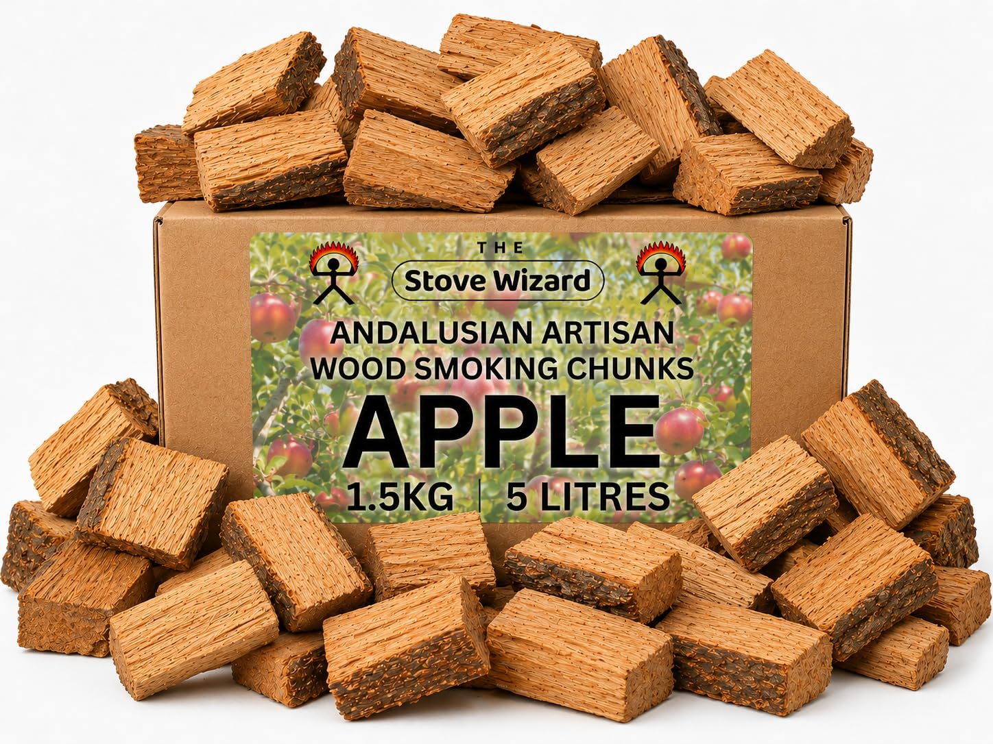 The Stove Wizard Apple Wood BBQ Smoker Smoking Chunks 1.5kg Andalusian Artisan Premium Quality Natural Eco Friendly Wood Chunks for Gas & Charcoal Grill Outdoor Cooking for Authentic BBQ Flavour