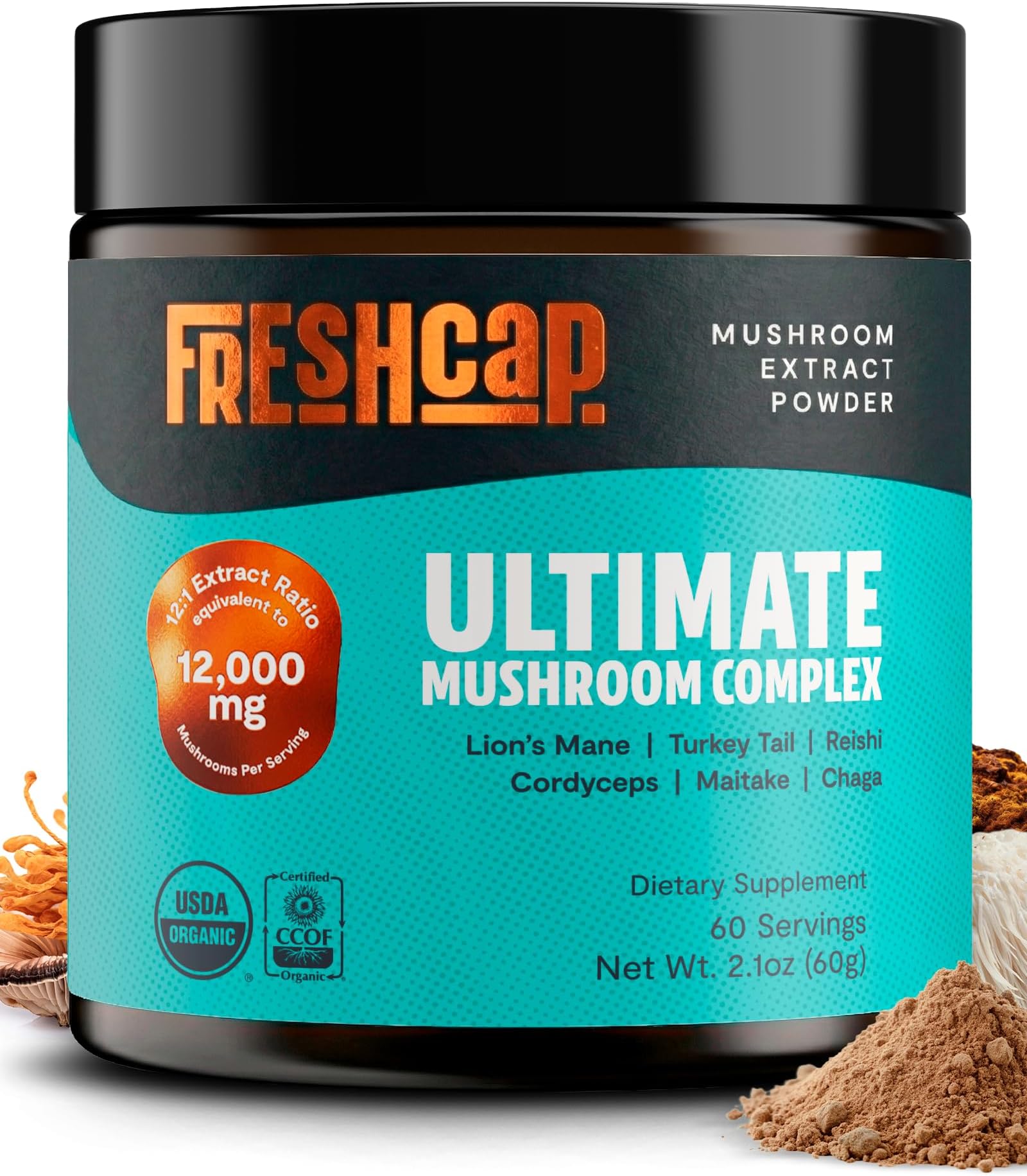 FreshCap Mushrooms Visit the Store Thrive 6 Powerful Extract Powder - Lions Mane, Reishi, Cordyceps, Chaga, Turkey Tail, Maitake -60g