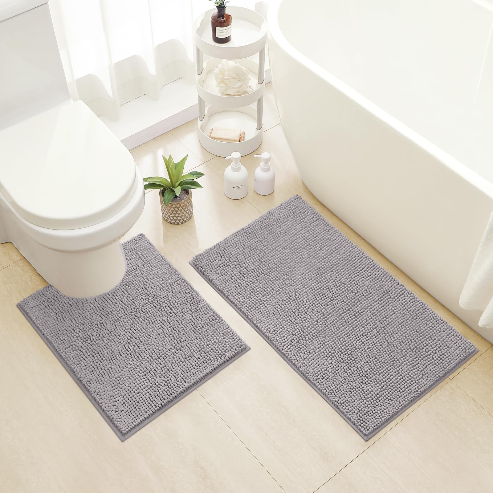 HOMEIDEAS 2 Pieces Bath Rug Set Luxury Soft Chenille Bath Mats Absorbent Shaggy Slip Resistant Plush for Tub, Shower