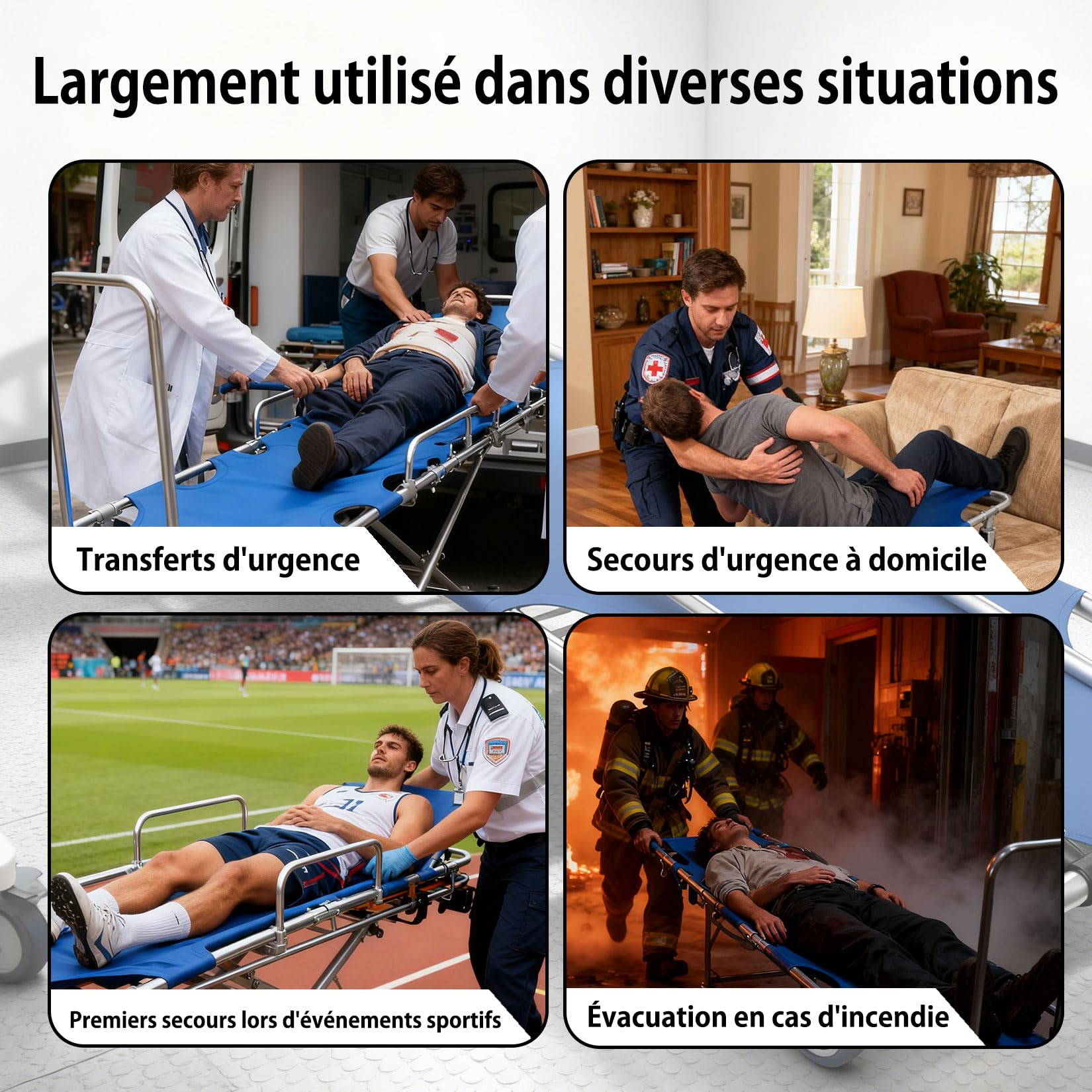 Civière Pliable et Portable avec Roues,Pliant Brancard avec 4 Roues et Ceinture de Sécurité,Civière Médicale en Aluminium,Patient Portable d'urgence Transport Brancard,Avec tige de poussée-traction