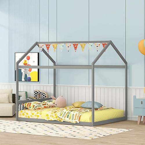 Harper  Bright Designs Marco de cama de casa tamaño Queen marco de cama Montessori de madera con cabecero cama de piso para niños y niñas no