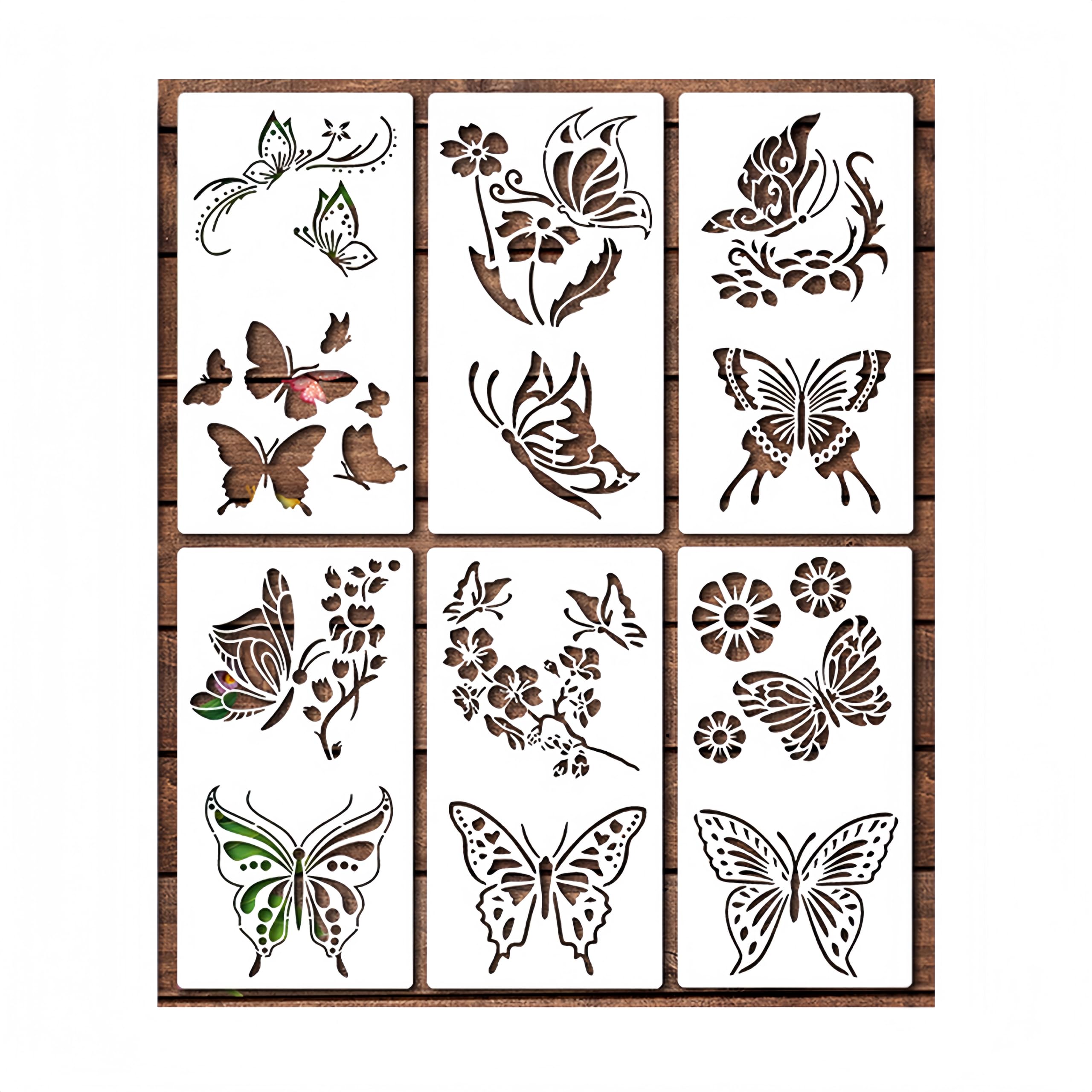 Set di 6 Stencil, Design Openwork, Farfalla, Elementi Floreali, Stencils per Pareti, Bianco, 29,8*15,9cm, Stencil per Pittura per Pittura, Scrapbooking, Diario Fai Da Te, Decorazione Murale