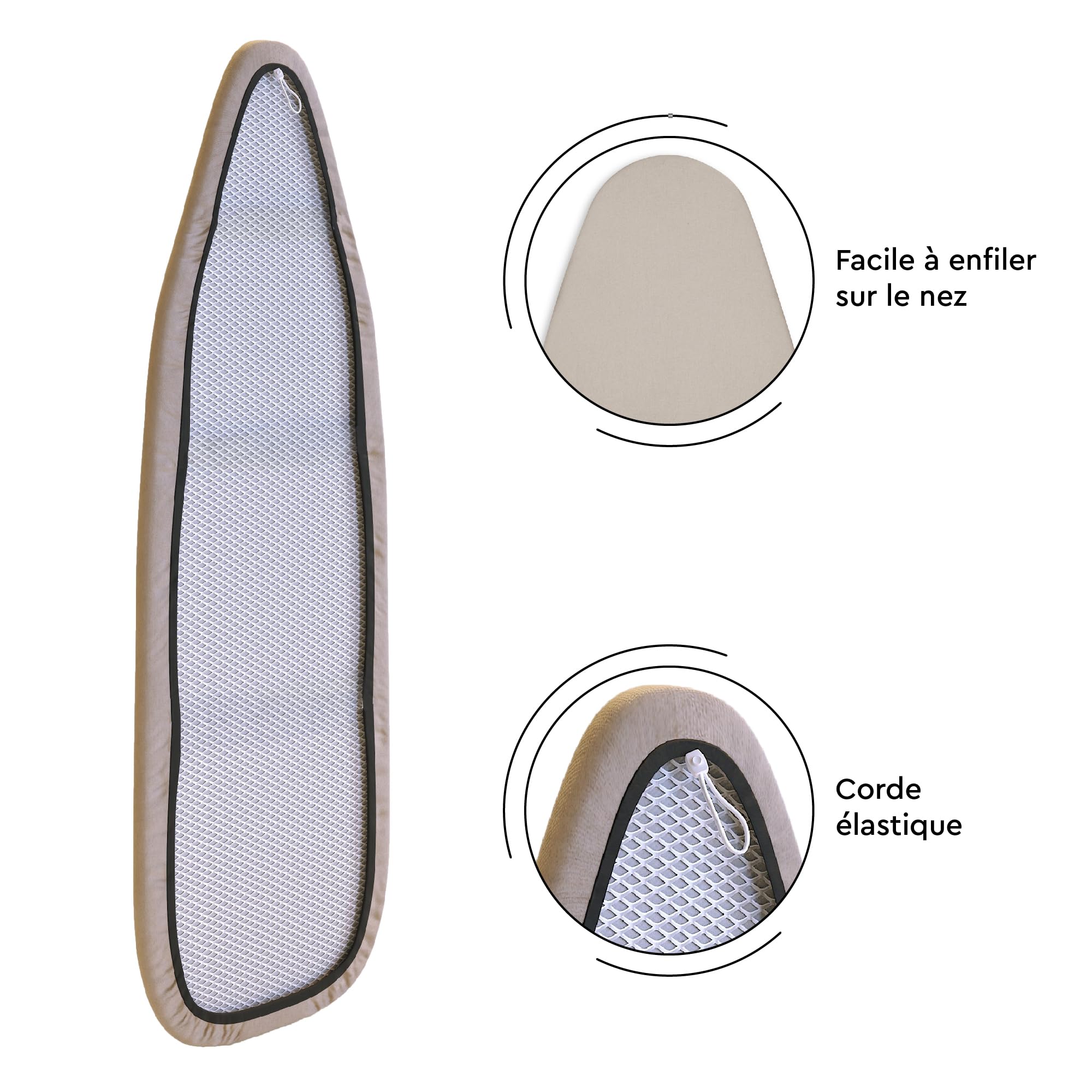 Encasa XO Ironing Board Cover with Felt Thickness 4 mm – Natural – Plain Colours Cotton, Elastic (Suitable for Standard Wide Boards of 125 x 46 cm) Heat Reflective - 5