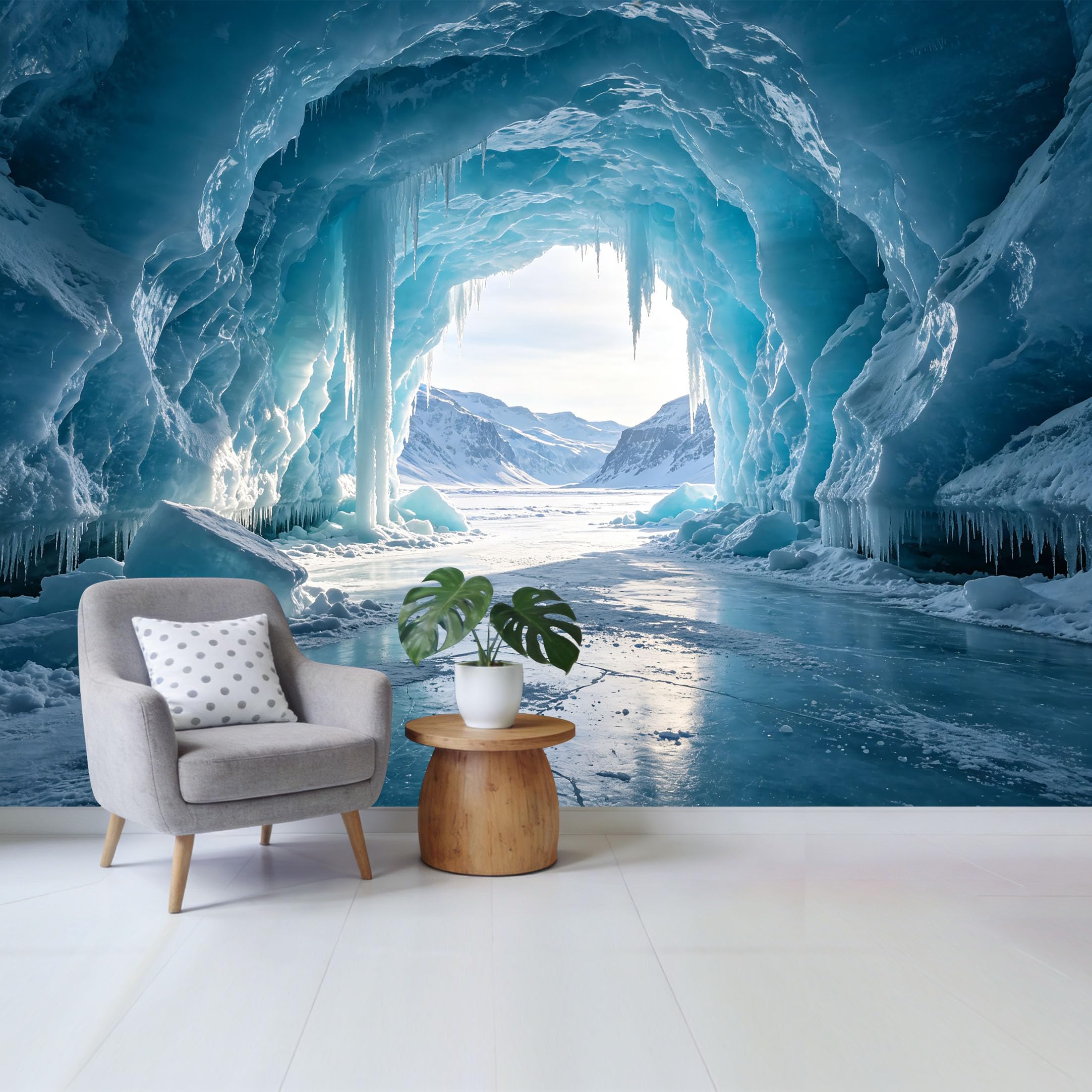 Custom Size Wall Mural Frozen Blue Ice Cave Glacier Landscape 3D Trompe L'Oeil Removable Self Adhesive Fabric， Home Wall Decor for Living Room Bedroom Bathroom