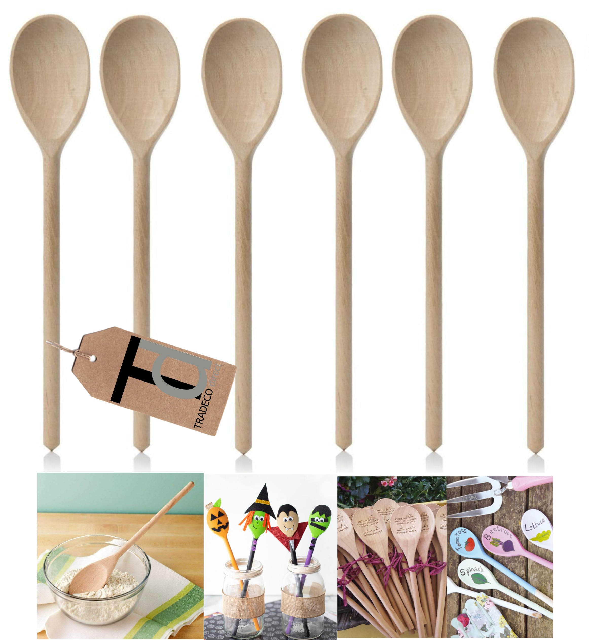 Tradeco direct® 10" (250mm) Beechwood Wooden Spoon, Ideal for Baking Decorating, Engraving Made in The EU. (6 x 10 Spoons)