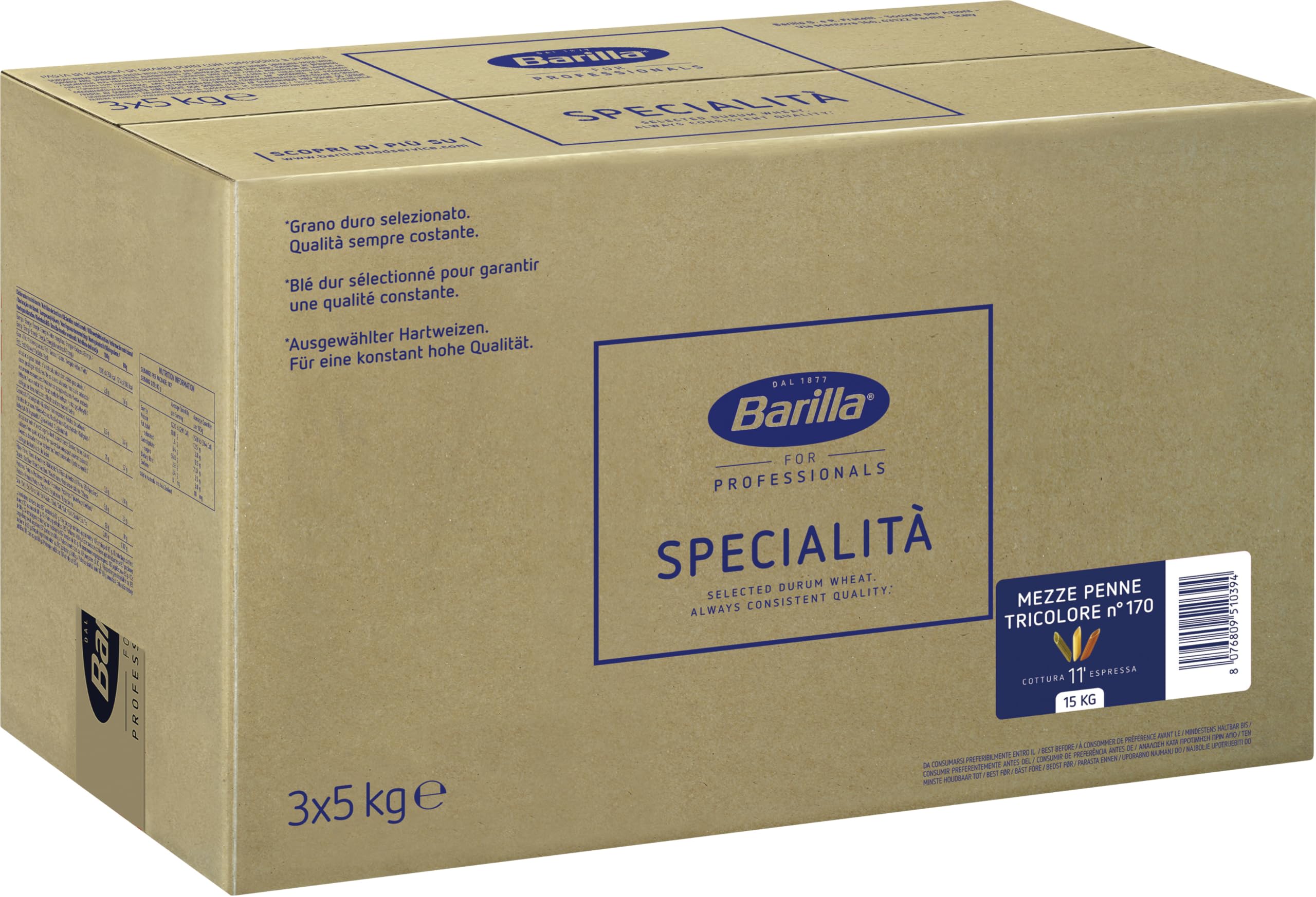 Barilla Pszenica pasta Mezze Penne Tricolori n. 78 – 1 opakowanie kolorowego makaronu (1 x 5 kg)