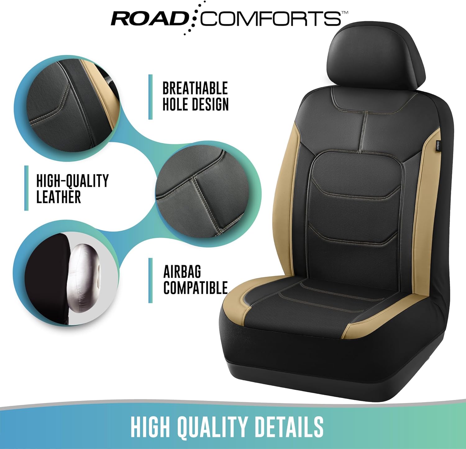 Road Comforts Seat Covers, Premium Leather Car Seat Covers Full Set,Airbag Compatible, Automotive Seat Covers Universal Fit Most Cars,Vans,Truck,SUV, Beige