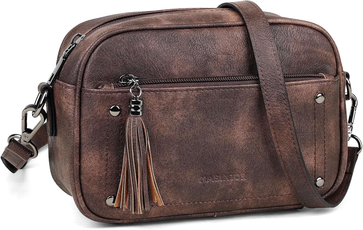 masintor crossbody bags for women vegan leather, trendy shoulder purse with adjustable strap and tassel dark coffee