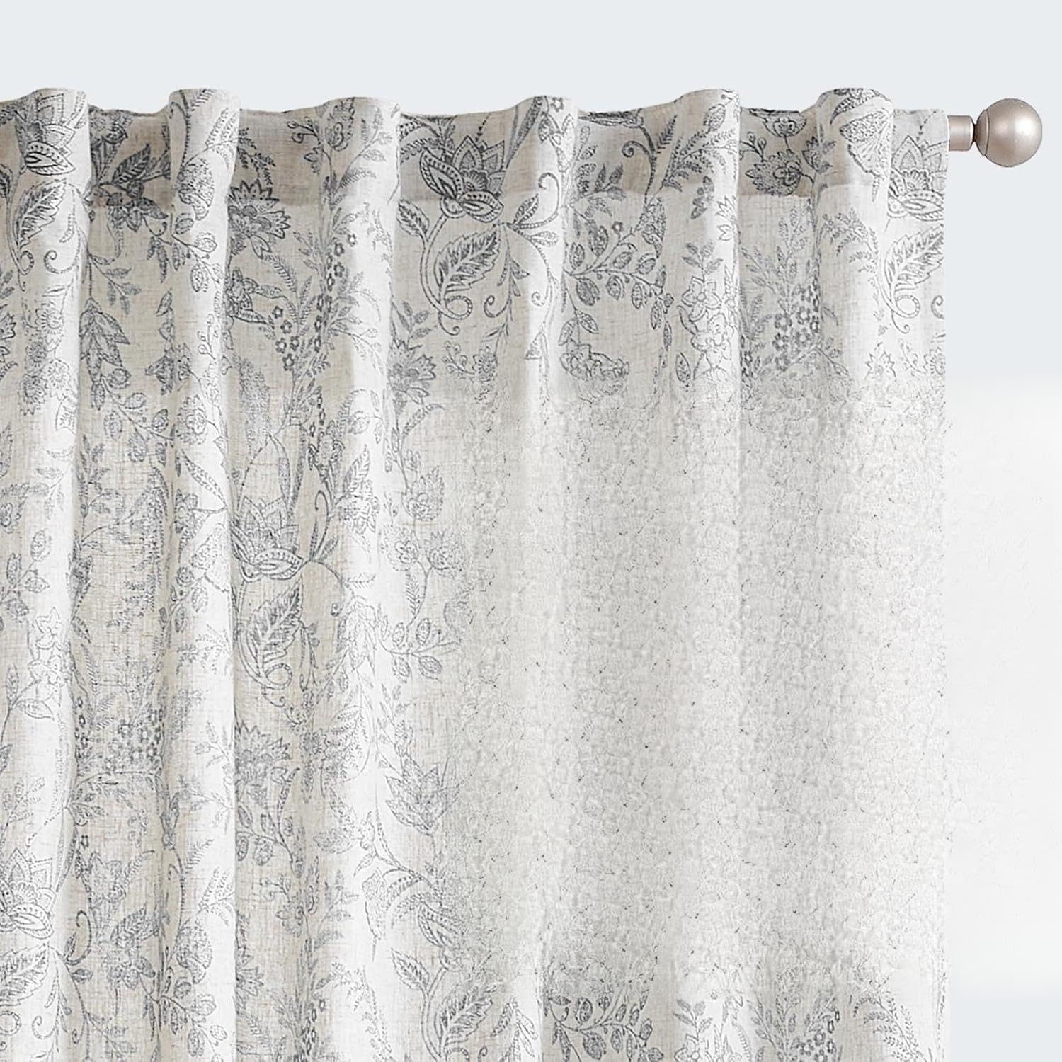TOPICK Set di 2 tende floreali effetto lino, 210 x 140 cm (altezza x larghezza), grigio beige | Tende traslucide per soggiorno, stile rustico, oscuranti, con tunnel e passanti nascosti