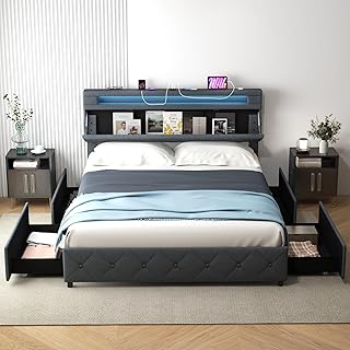 COSTWAY 4FT6 Double/5FT King Size Bed Frame with RGB LED Lights, Charging Station, Adjustable Storage Headboard and 4 Underbed Drawers, Upholstered Slat Support Platform Bed Base (Grey, King 5FT)