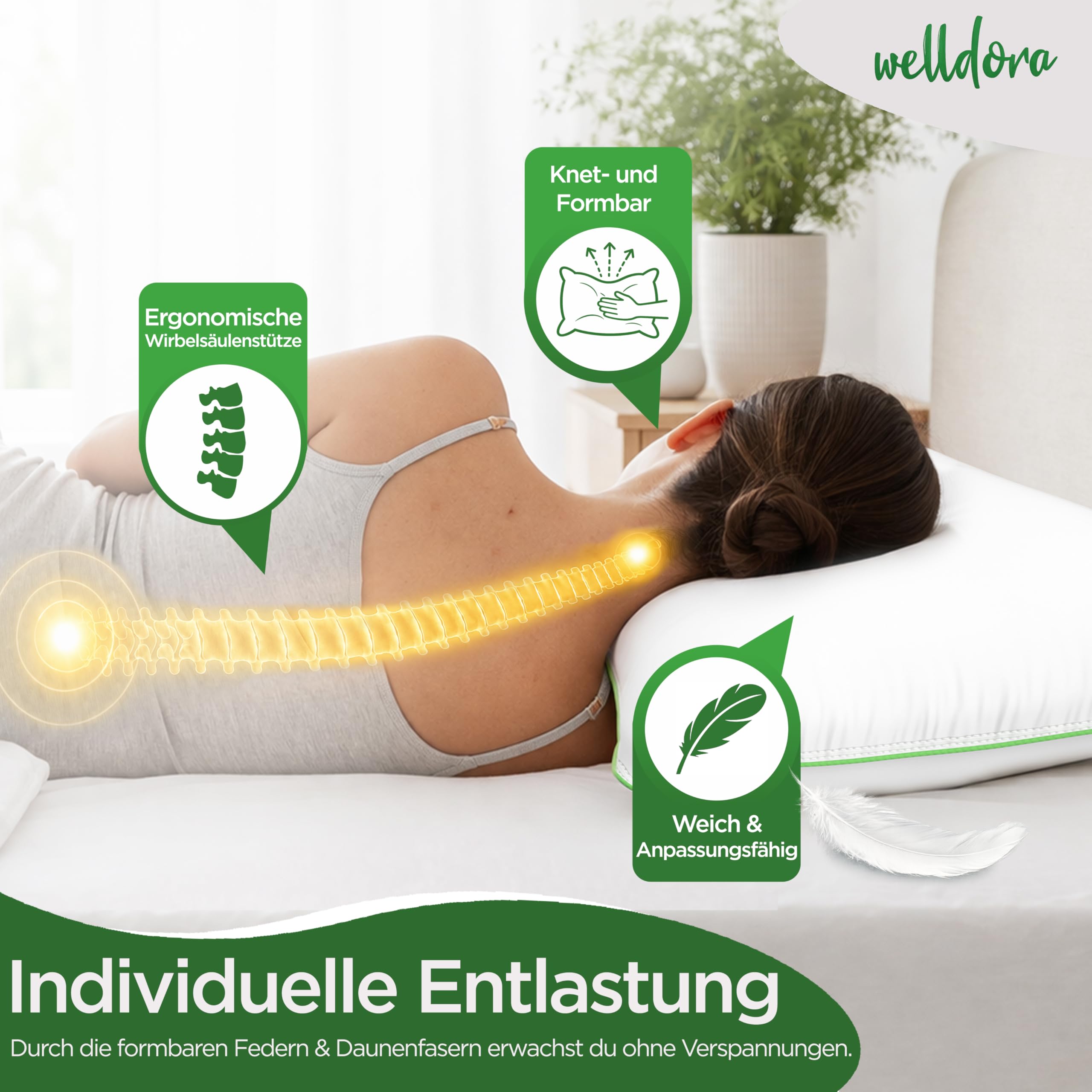 Welldora Kopfkissen 80x80 100% natürliche Daunenfasern Federn 3 Kammern Nackenstützkissen Oeko-Tex zert.