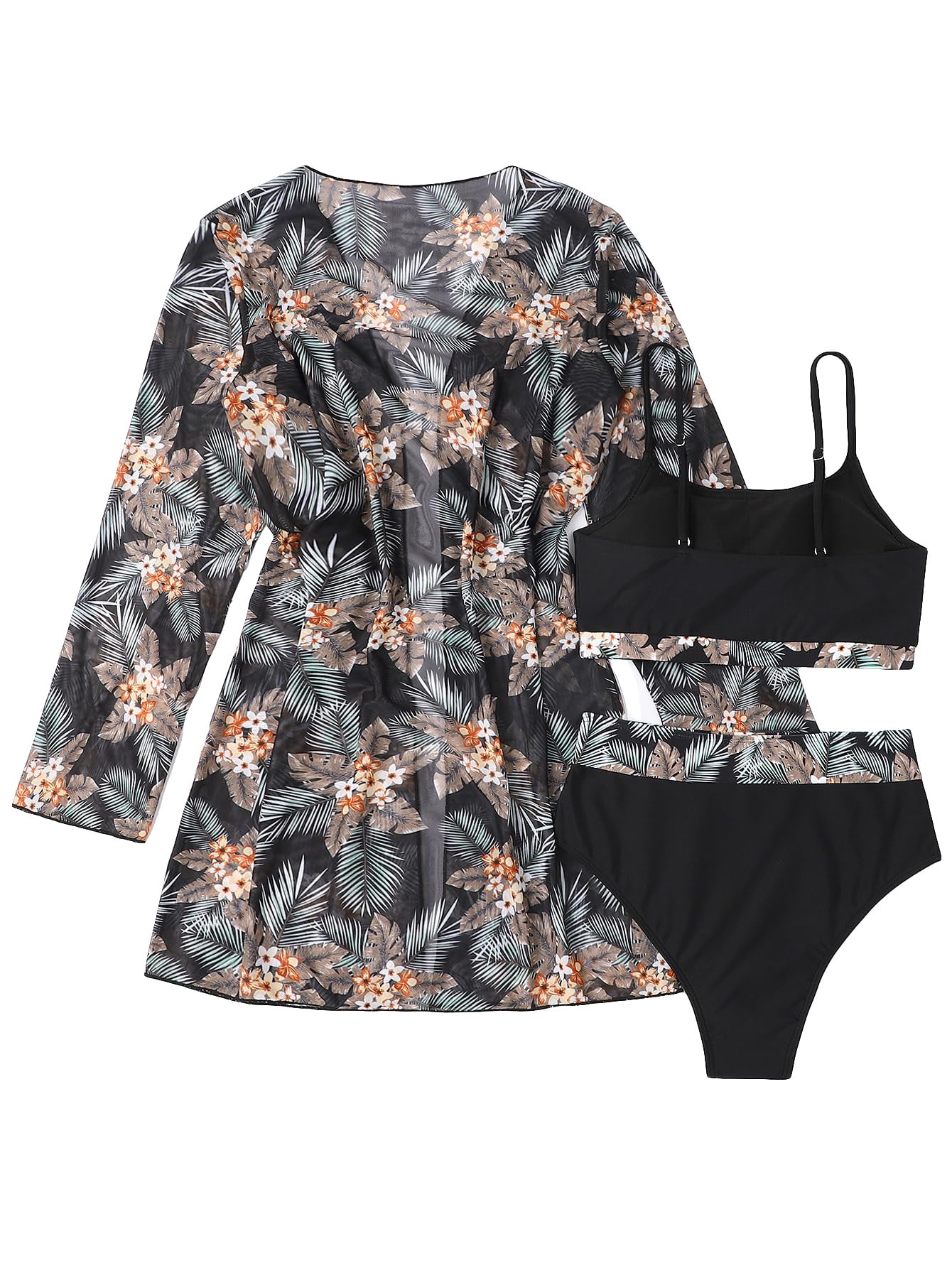 GORGLITTERWomen's 3 Piece Tropical Print High Waist Bikini Swimsuit and Boho Kimono Set