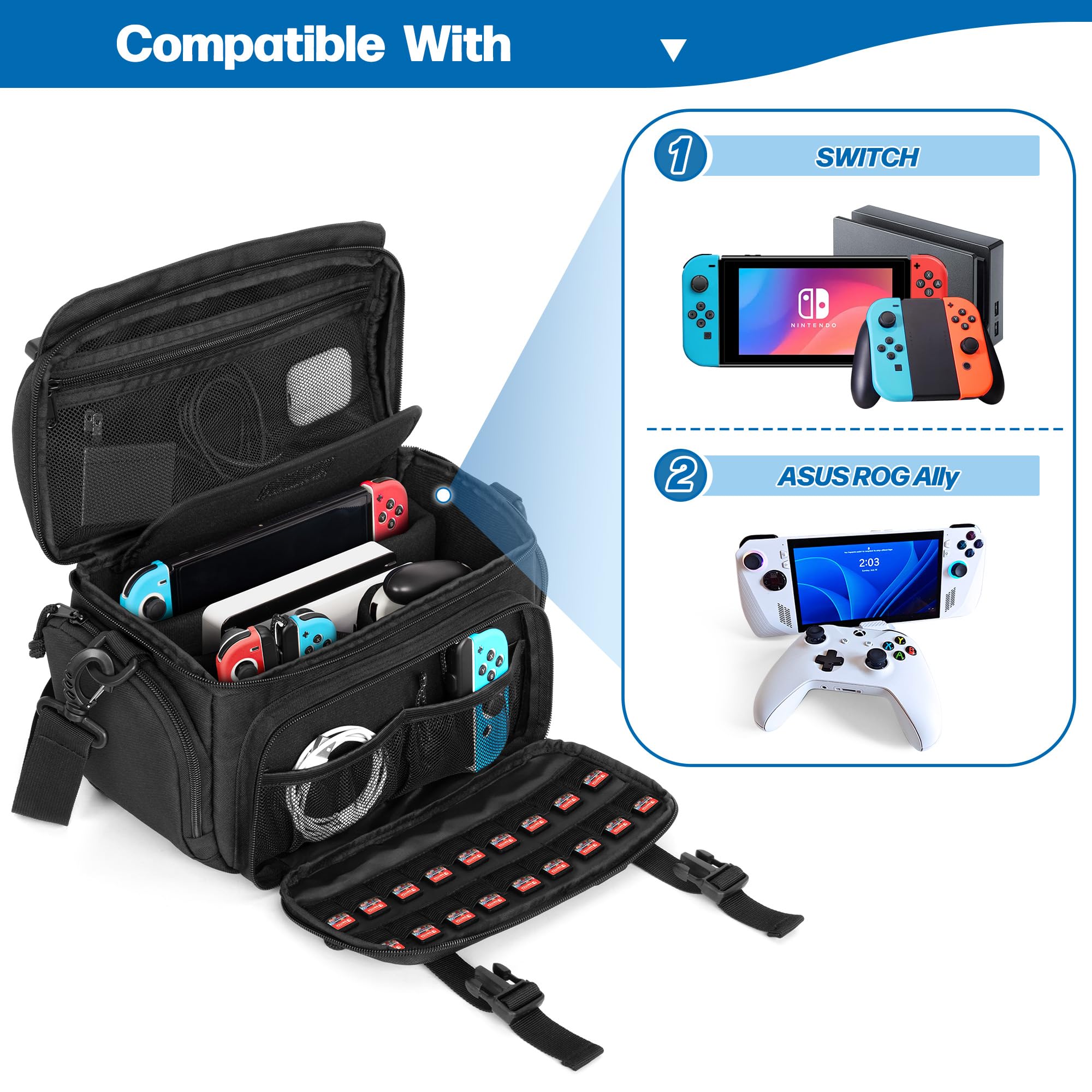PGmoon Torba na ramię kompatybilna z Nintendo Switch/Switch 2/ASUS ROG Ally, ochronna taktyczna torba na ramię z 18 kieszeniami na karty do gier i wieloma przegródkami na dok, zasilacz, kontrolery