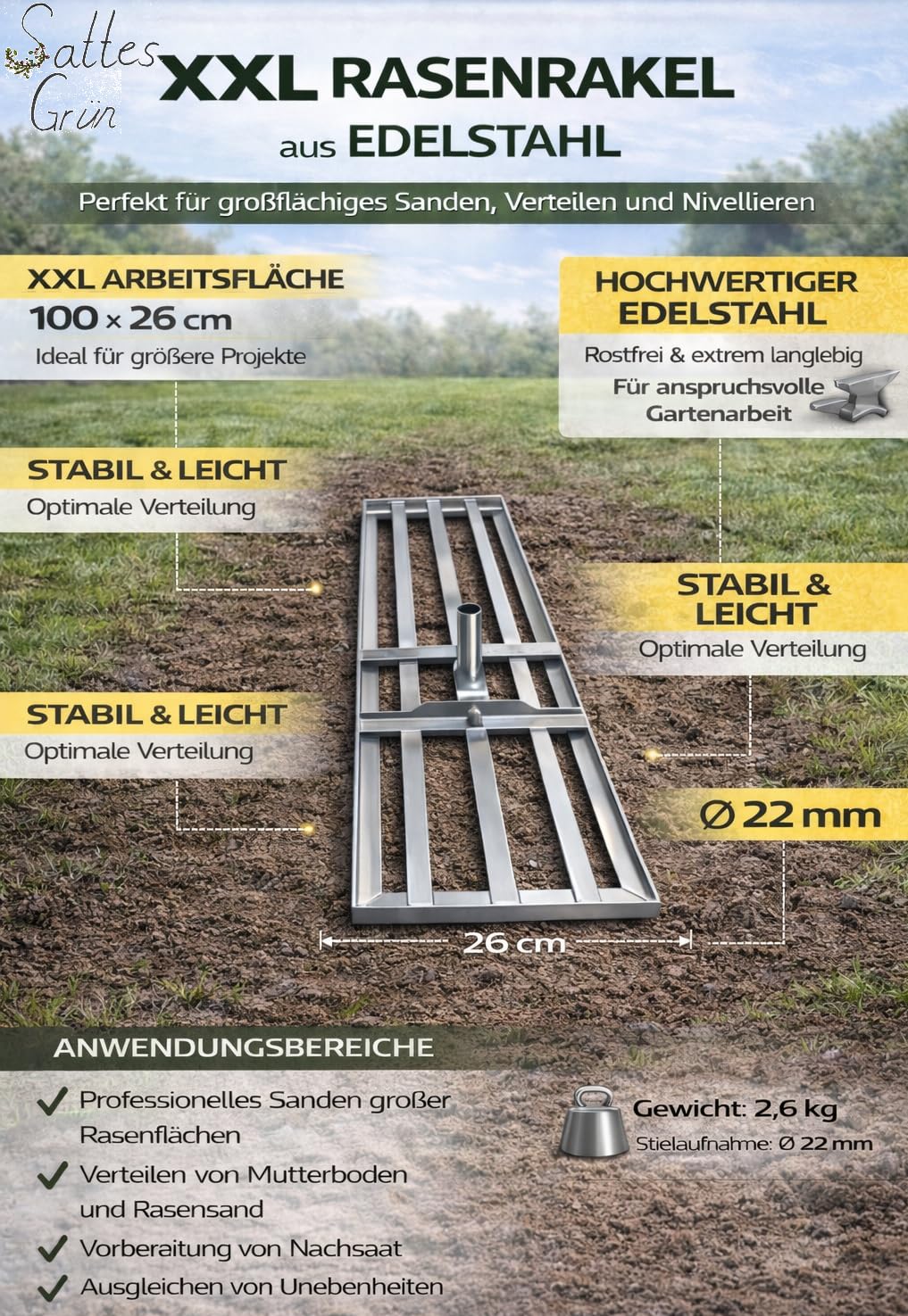 XXL Rasenrakel 100 x 26 cm aus Edelstahl – Profi Leveling Rake ohne Stiel – Flächenebner zum Sanden, Abziehen & Nivellieren – 2,6 kg – Ø 22 mm Stielaufnahme