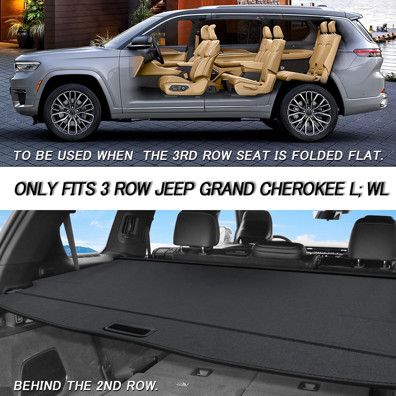 Sze Cargo Cover for Jeep Grand Cherokee L 2021-2024 2025 2026 (3 Row,WL) Accessories Retractable Trunk Cover Black Rear Trunk Security Cover Shielding Shade Waterproof-New Upgrade