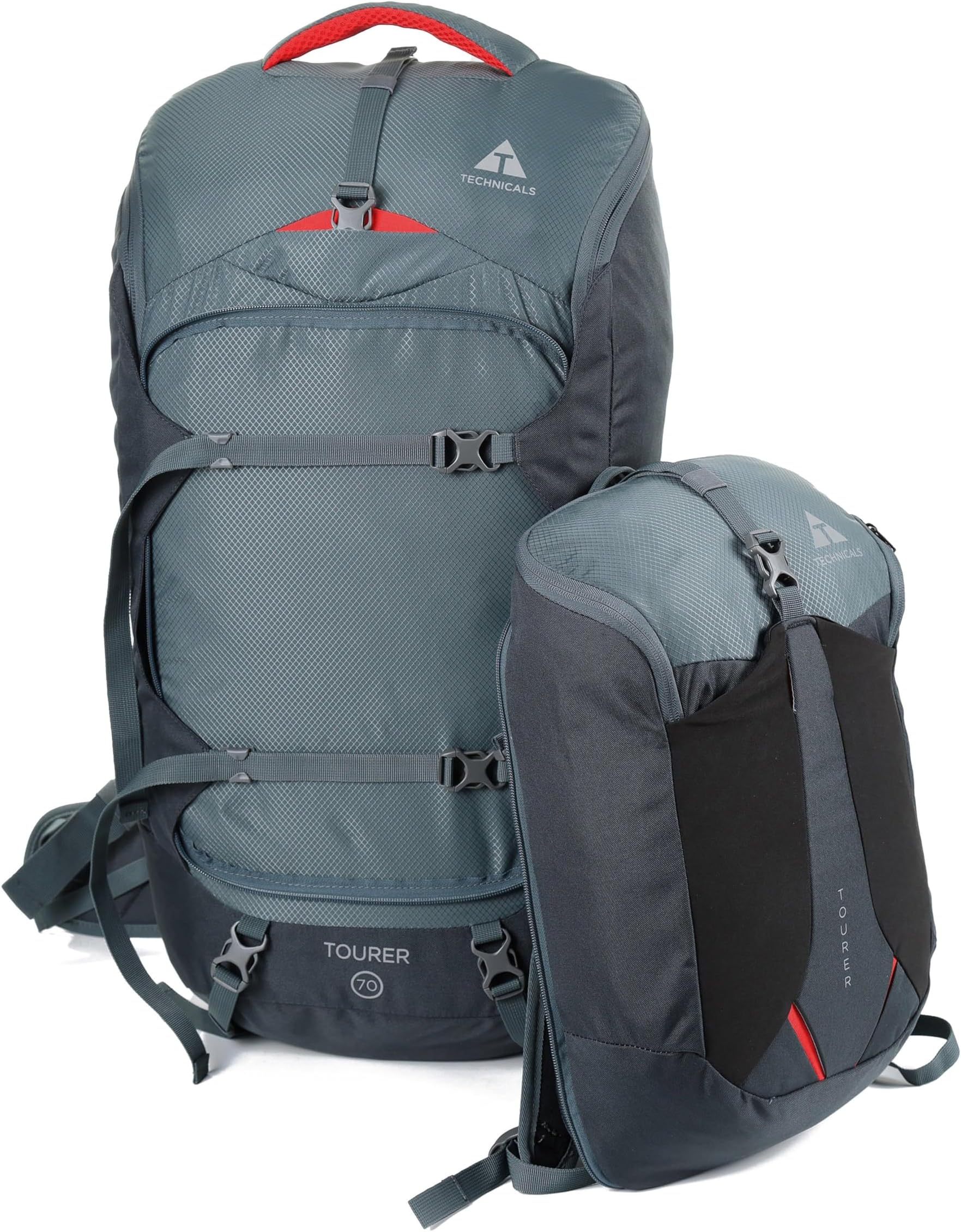 Tourer 70 Litre Travel Pack, 55L Pack + 15L Mini Pack, 70L Backpack, Rucksack, Bag for Men & Women, Lightweight, Adjustable, Multiple Pockets, Camping, Hiking, Trekking, Outdoors, Grey