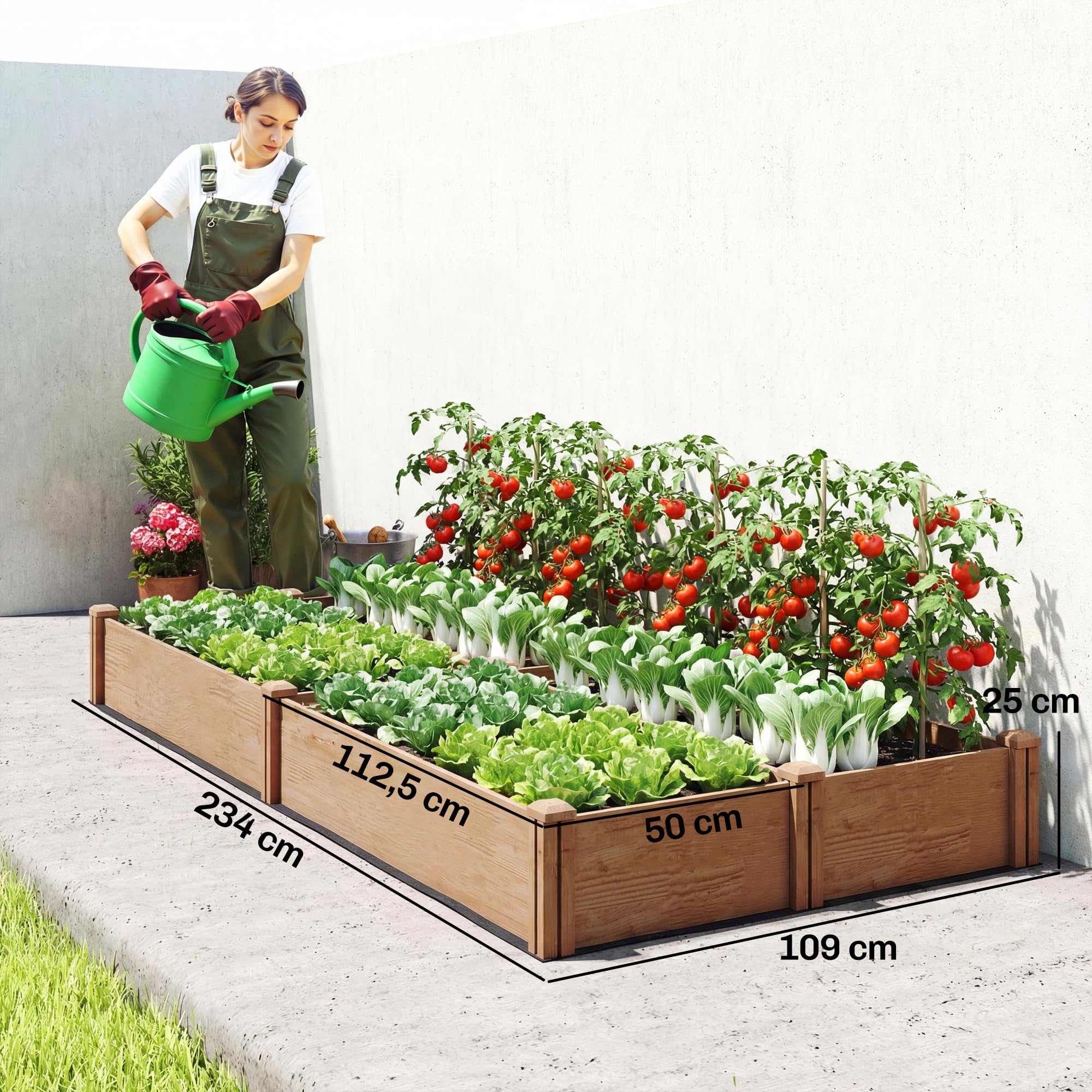 Outsunny Carré Potager en Bois 234x109x25 cm Lit de Jardin Surélevé 4 Zones de Culture Jardinière Extérieure à Fond Ouvert Montage sans Outil pour Légumes et Fleurs Marron Clair