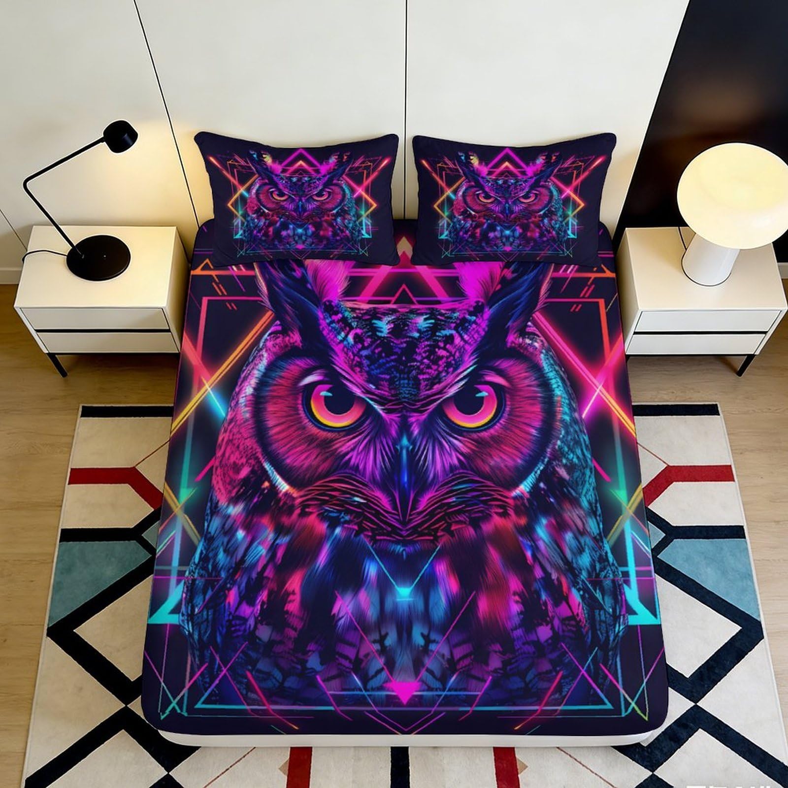 3D Printed Neon Owl Fitted Sheet Microfiber Vibrant Bed Cover for Bedroom Dorm Mattress Protection Decor 200x200x25cm