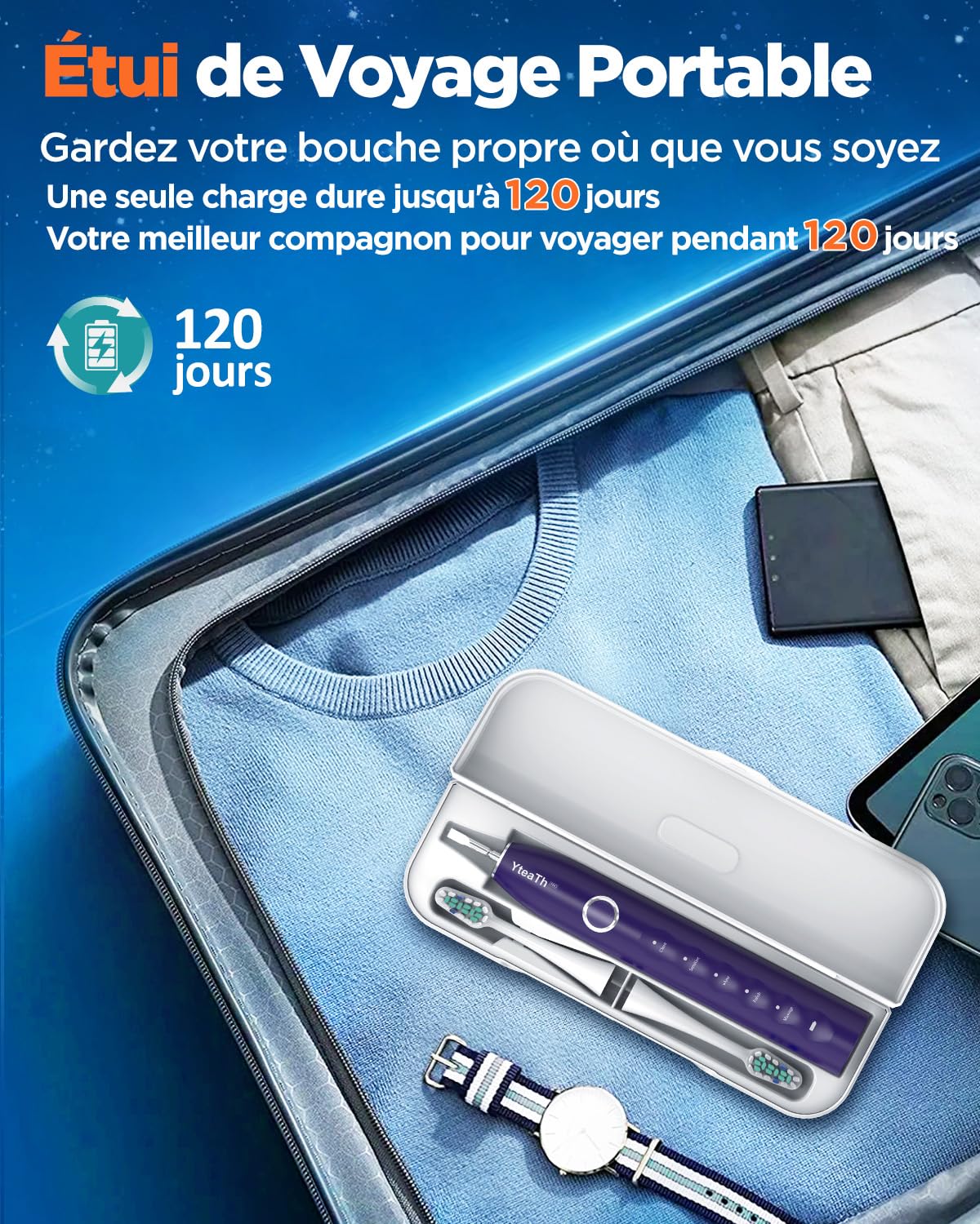 Brosse À Dent Électrique Soniques pour Femme avec 8 Têtes - Brosse A Dent Sonique Adulte avec Étui de Voyage, 5 Modes, Étanche IPX7, Brosse A Dent Electrique de Voyage Rechargeable, Violet Foncé